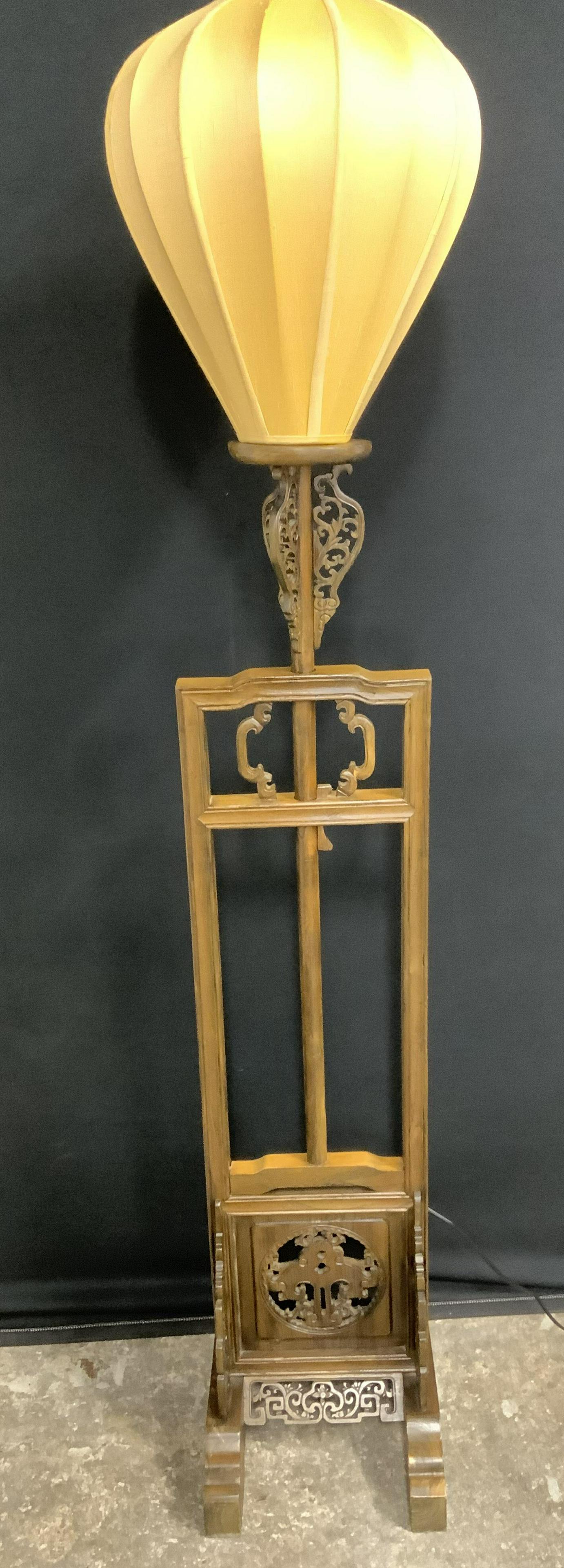 Wooden Asian Floor Lamp w Balloon Form Silk Shade (1 of 12)