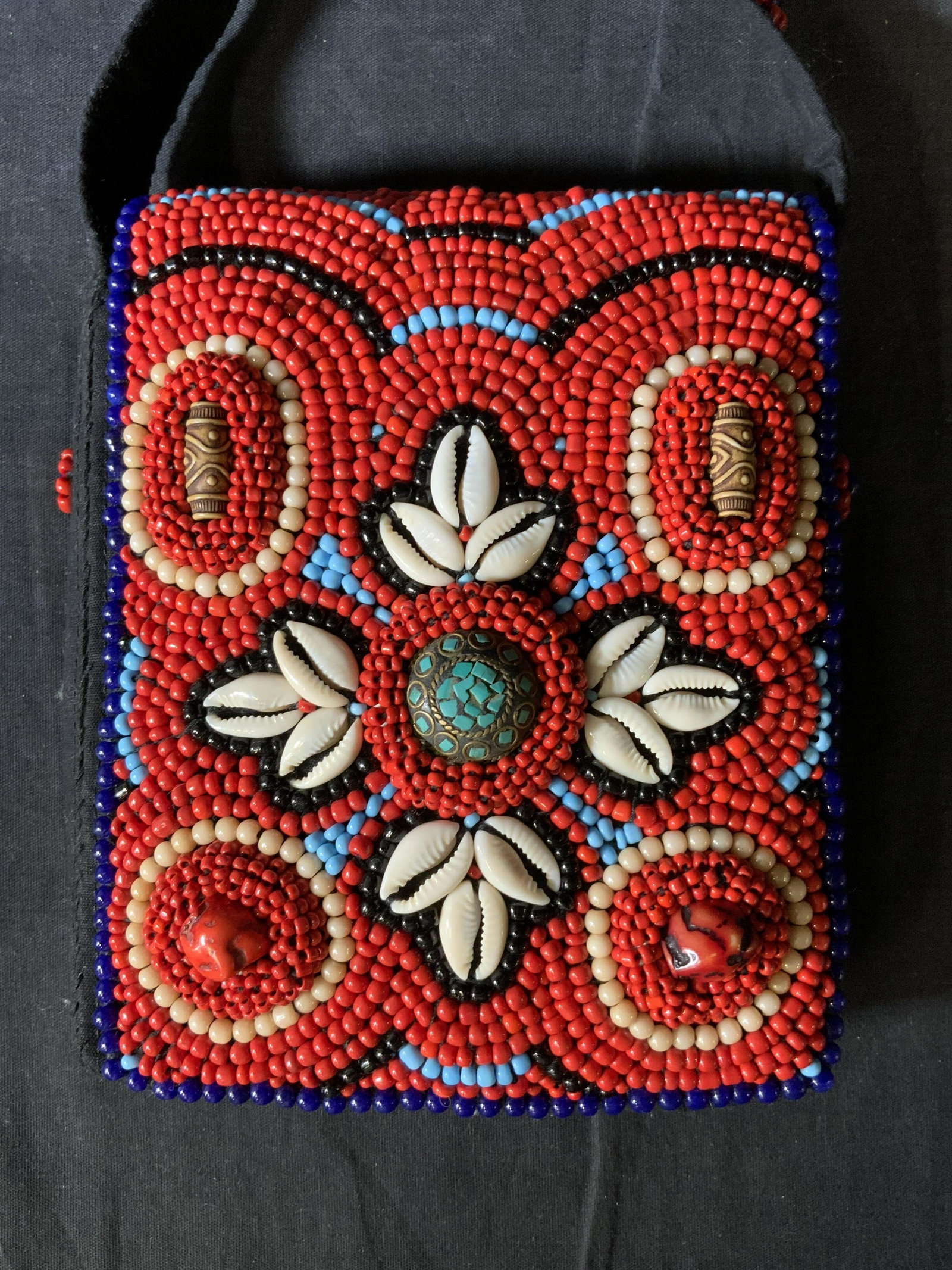 Beaded Cowry Shell Crossbody Bag: Beaded Cowry Shell Crossbody Bag, no apparent inscriptions or labels, measures 7 x 6 inches, drop measures 22 inches, some loose threads to surface, Beadwork, cowry shell, crossbody bag, handbag, wome
