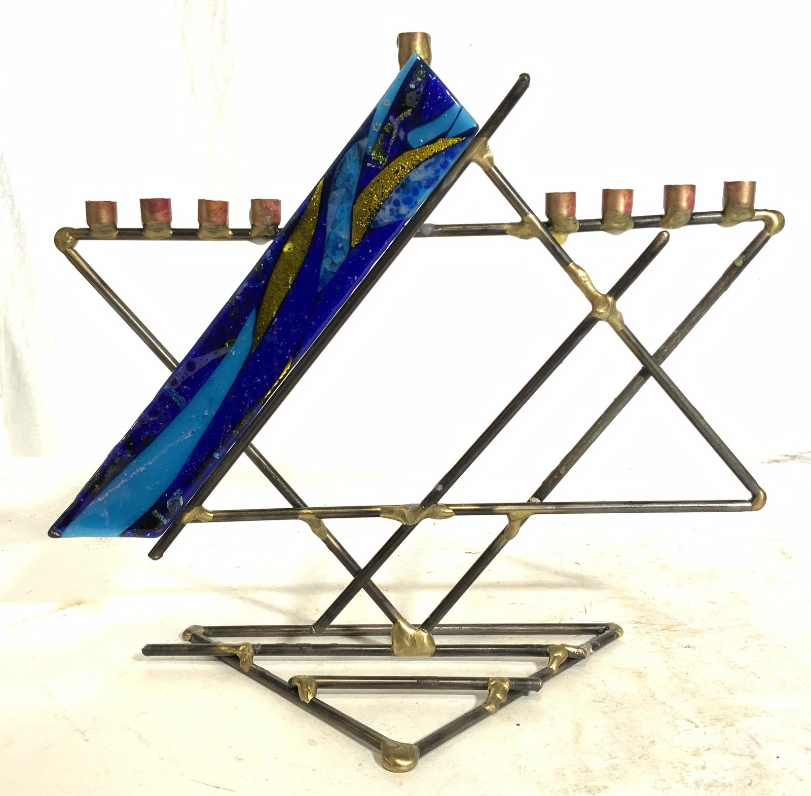 Metal Judaica Menorah W Art Glass (1 of 8)