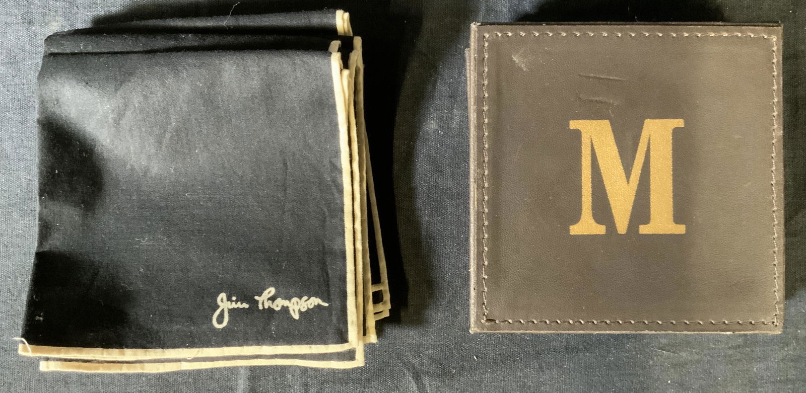 Lot 13 Coasters & Cotton Handkerchiefs: Lot 13 Coasters & Cotton Handkerchiefs, ?M? to all coasters, all measure 4 x 4 inches, inscription to handkerchief reads ?Jim Thompson?, all measure 7 7/8 x 7 3/4 inches, surface wear to coaster, some