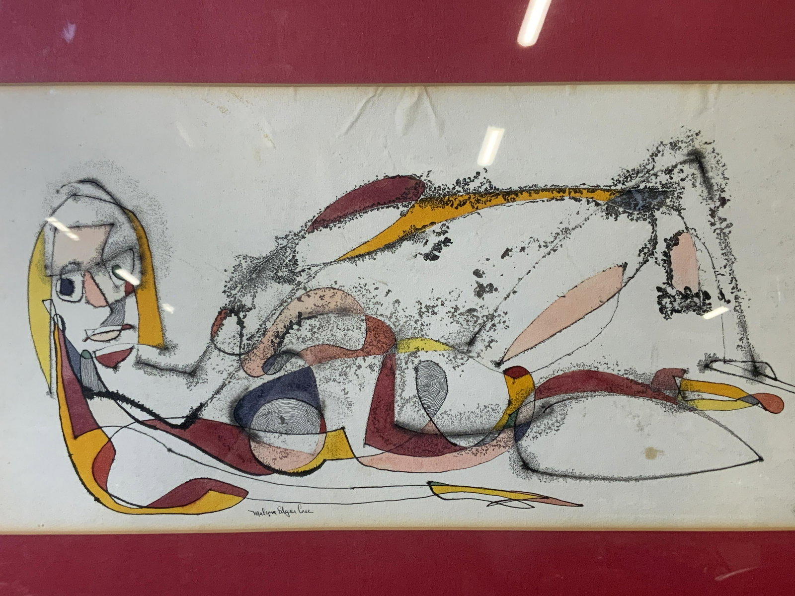 Malcom Edgar Case Signed Abstract Lithograph: Malcom Edgar Case Signed abstract lithograph, signature to the lower left corner reads ?Malcom Edgar Case?, subject a reclined abstract nude figure made of black line work and colorful polygon shapes,