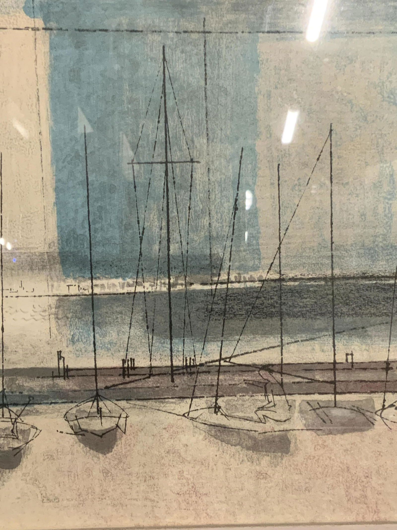 Minimalist Shipyard Lithograph: Minimalist shipyard lithograph, no apparent inscriptions or signatures, subject a shipyard done almost entirely in thin black line work with small blocks of blue and grey color, no matting, grey paint