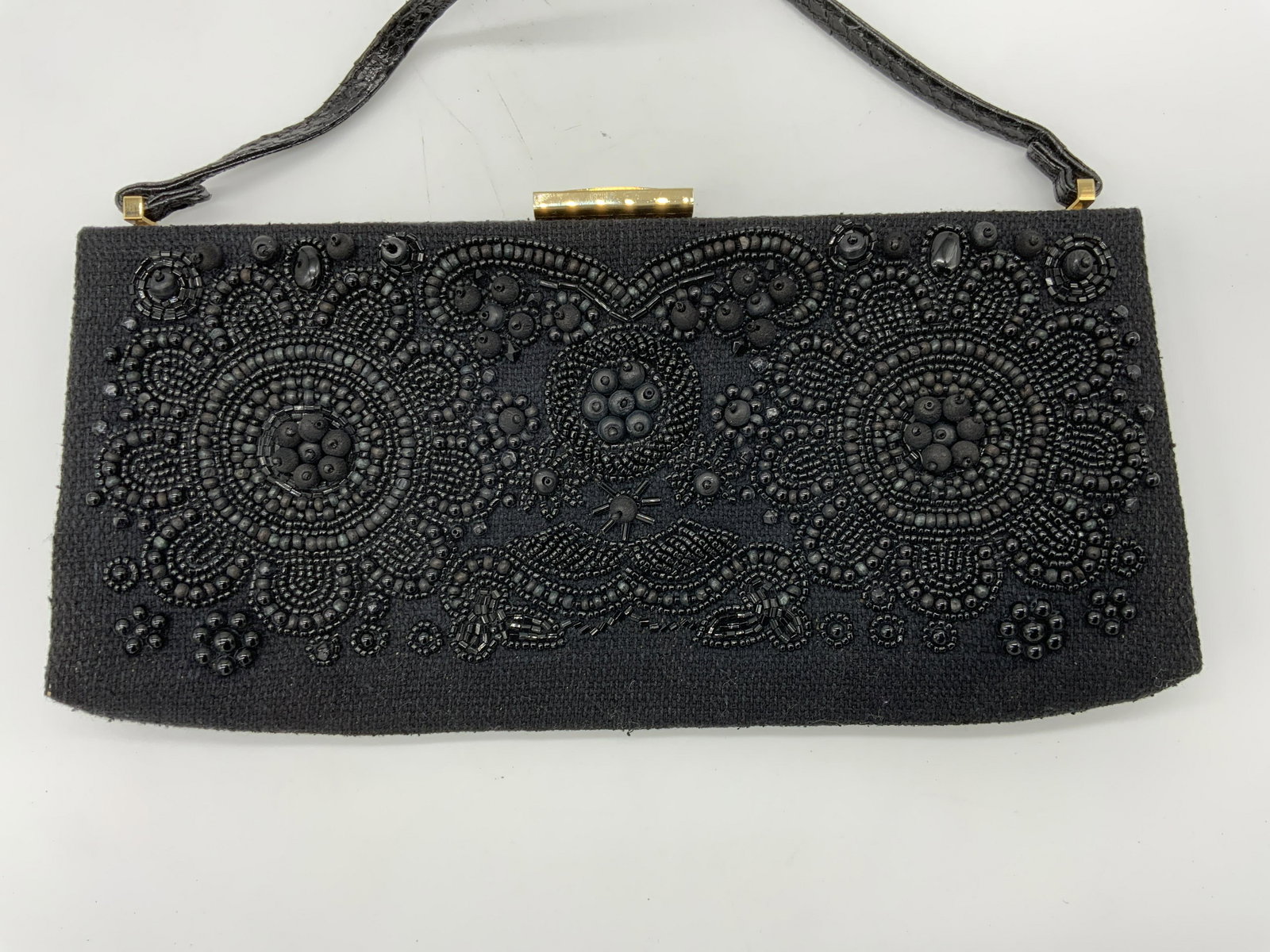 ESCADA EXOTICS Beaded Handbag: ESCADA EXOTICS Beaded Handbag, comes in original dust bag, inscriptions read ‘ESCADA Exotics’, measures 5 x 10 5/8 inches, drop measures 9 3/8 inches, pilling to surface of bag, ESCADA exotics, be