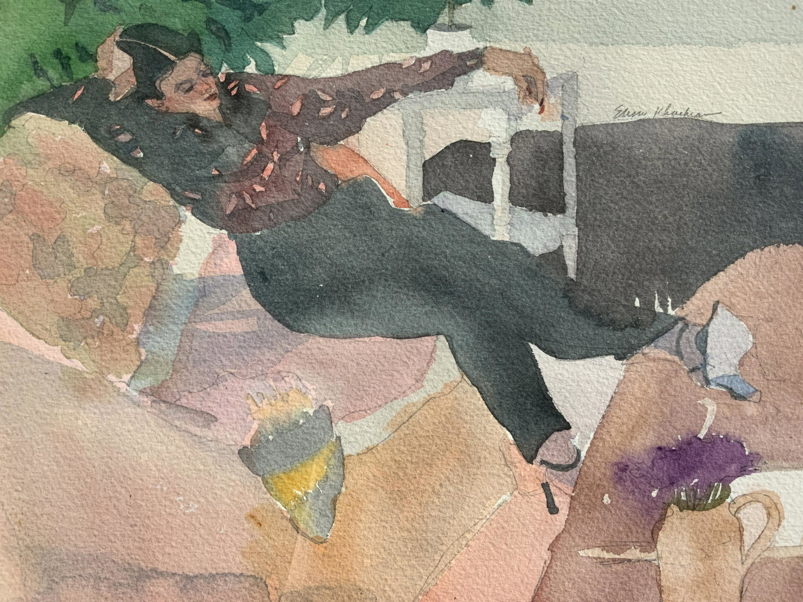 ELISA KACHIAN Signed Watercolor Painting: ELISA KACHIAN Signed Watercolor Painting, signature reads ‘Elisa Kachian’, paper affixed to reverse details artist statement, subject a woman reclining on a couch, measures 16 7/8 x 20 3/4 inches,