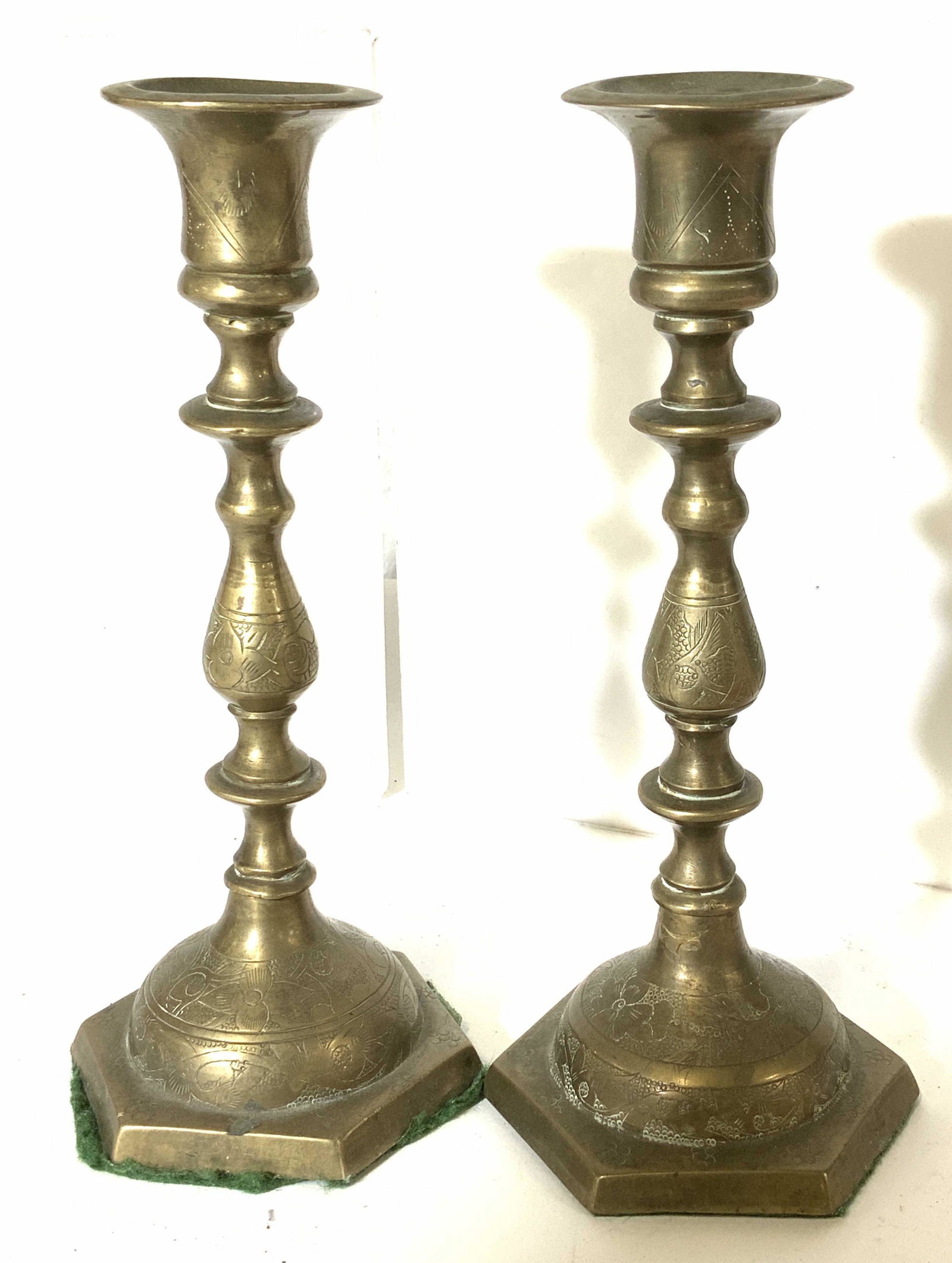 Pair Etched Brass Pedestal Candlesticks, vintage (1 of 6)