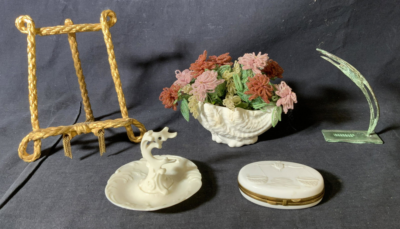 Lot 5 Porcelain & Metal Desk Accessories: Lot 5 Porcelain & Metal Desk Accessories, inscriptions read ‘Royal Worcester England RJN 186738 1571’, ‘Piotet Limoges Chamart France Limoges’, ‘Jolle’, ‘Bone China Coalport Made in Engl