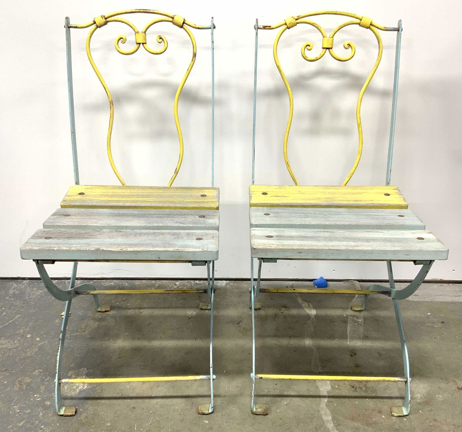 Pair Outdoor Metal Frame Wood Seat Chairs (1 of 9)