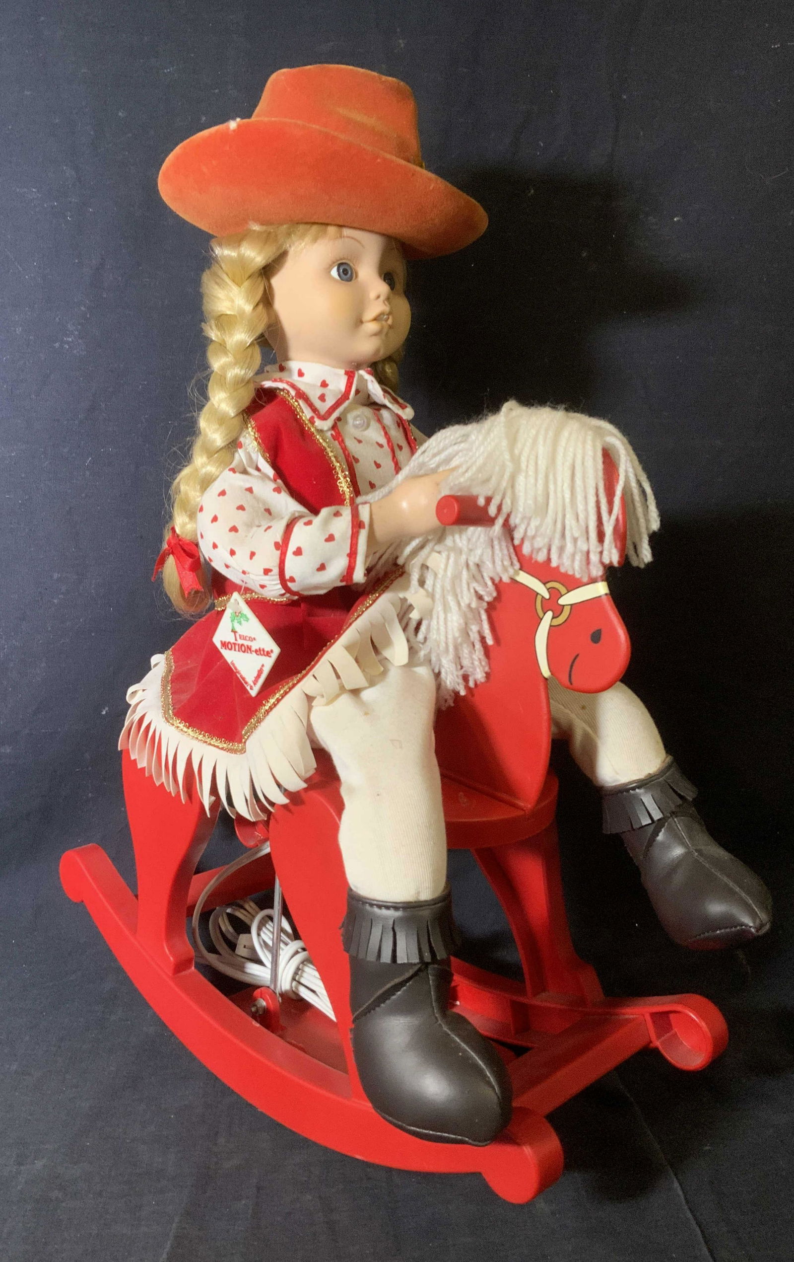 TELCO Motion-ette Girl on Rocking Horse: TELCO Motion-ette Girl on Rocking Horse, inscription reads ‘Telco Motion-Ette imagination in animation’, measures 21 7/8 inches tall x 15 1/2 inches wide, surface wear to piece, not tested for fun