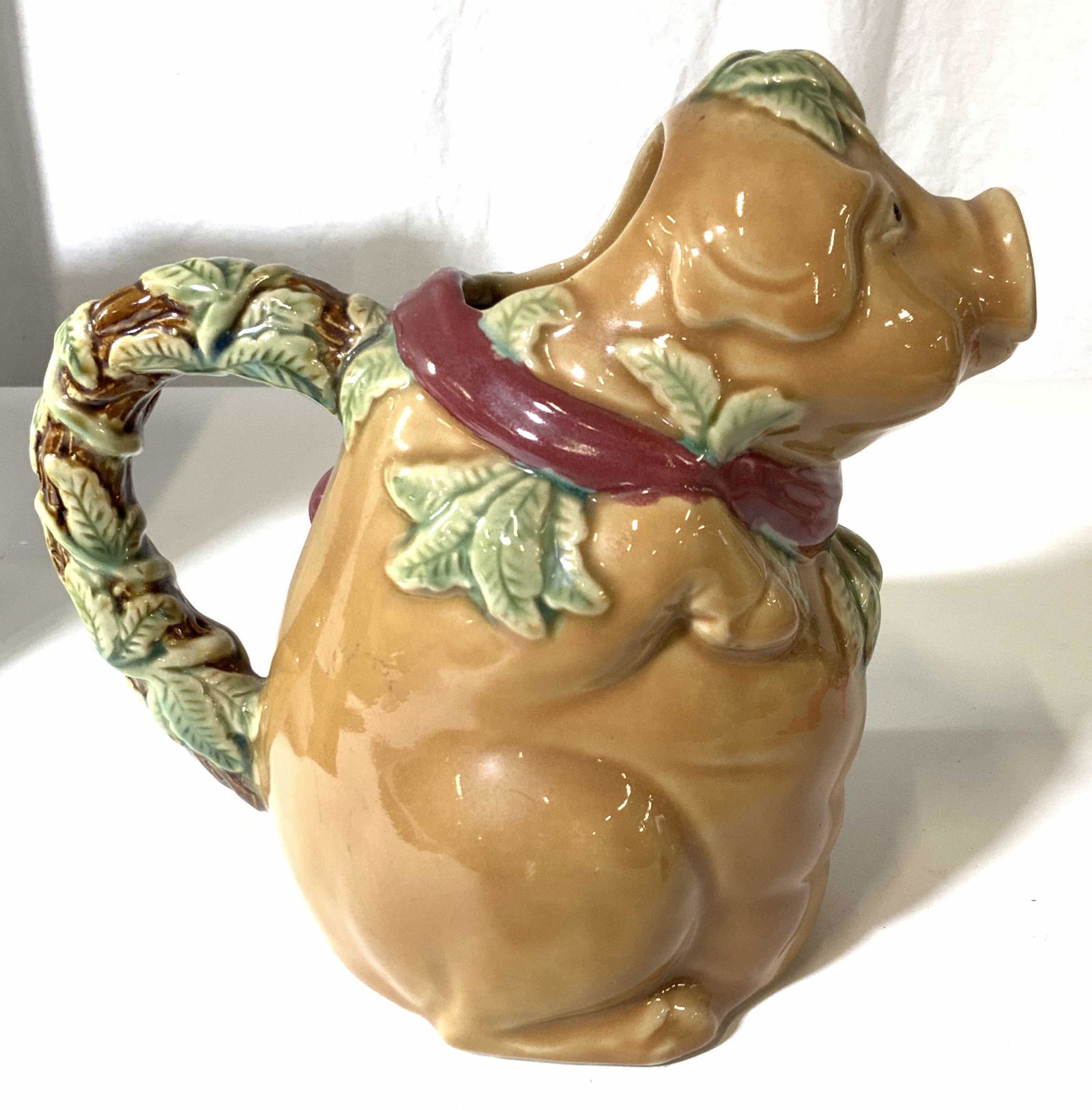 PIG MAJOLICA Stoneware Water Pitcher, Vntg Sign (1 of 5)