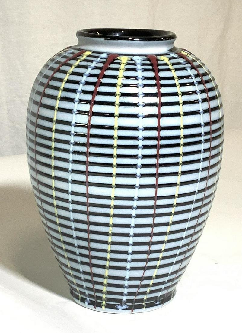 Hand Painted Modernist Basket Weave Ceramic Vase (1 of 5)
