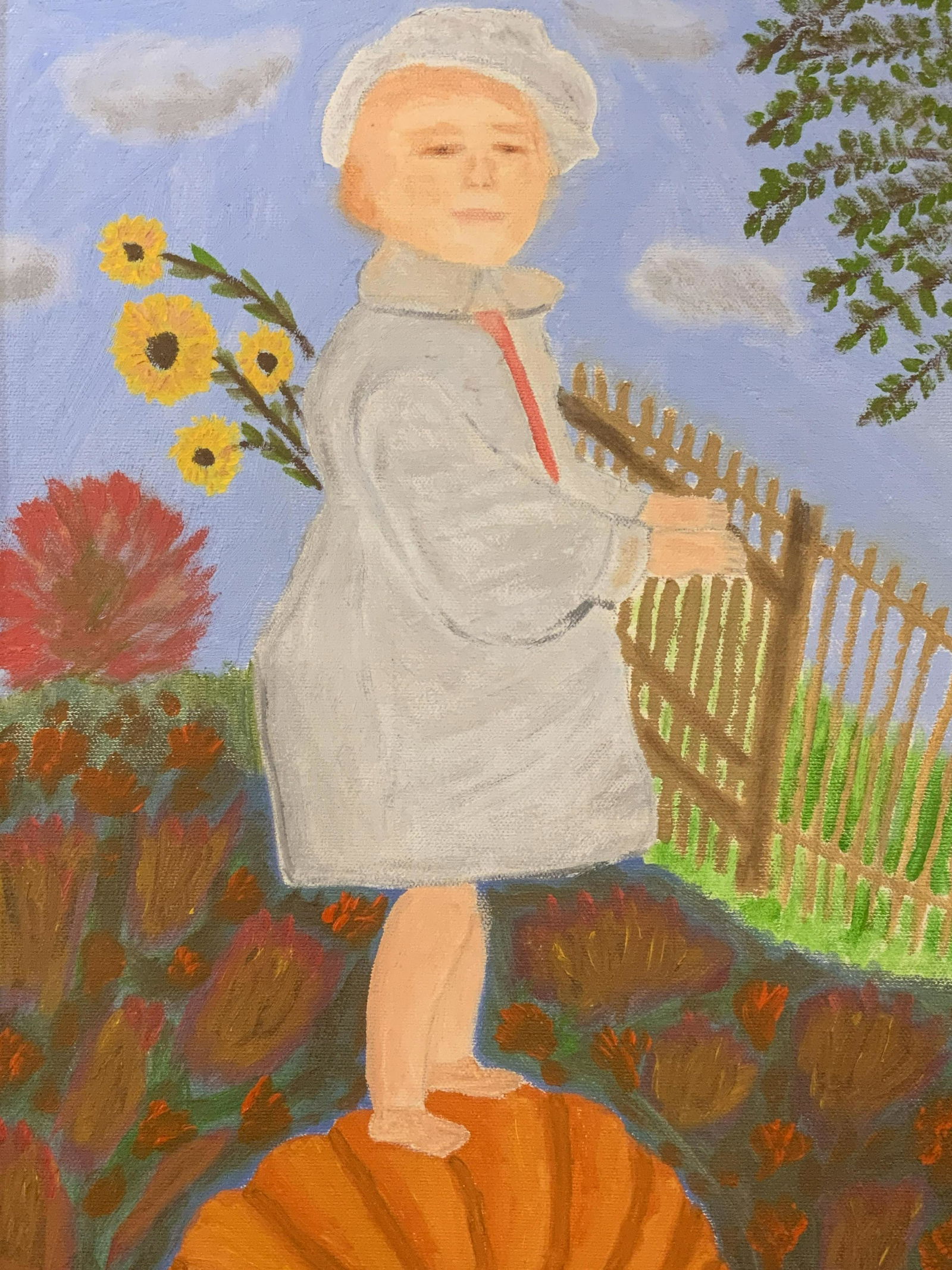 Initialed Acrylic on Canvas Painting: Initialed Acrylic on Canvas painting, initials and date to the lower right corner reads ‘CS 66’, subject a young child in a pumpkin patch, silver painted wooden frame, measures 17 inches tall by 1
