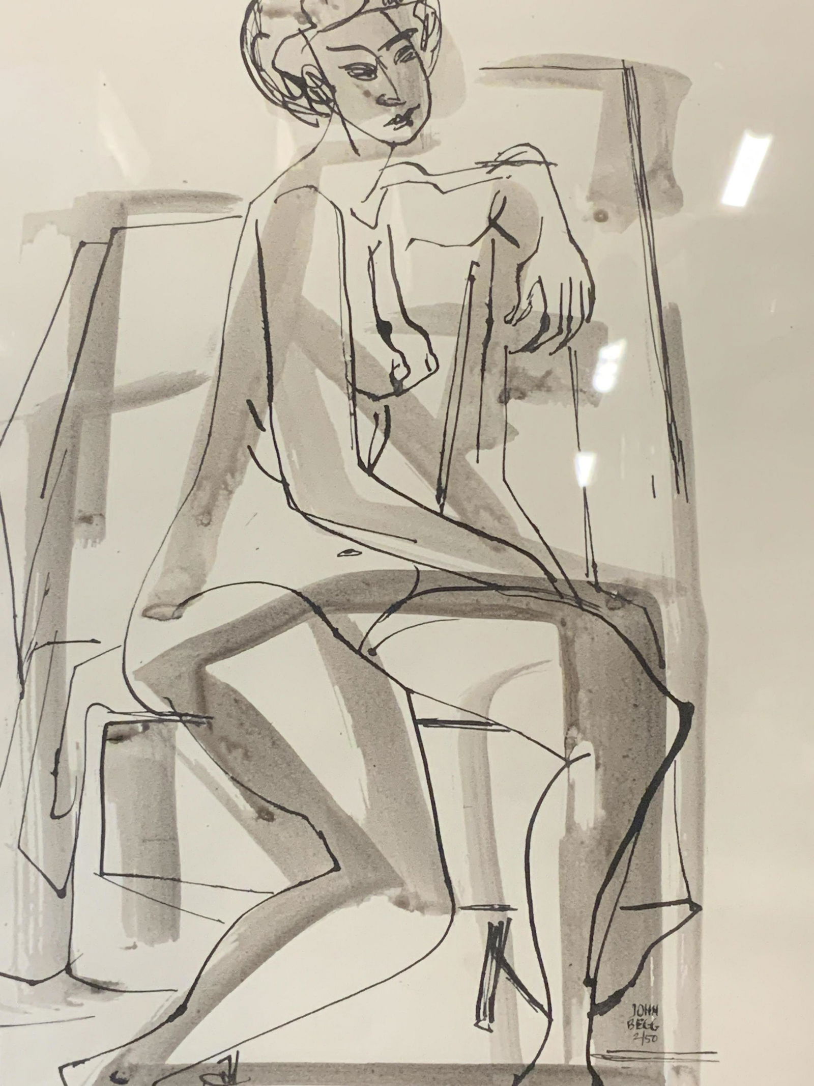 JOHN BEGG Signed Ltd Ed Lithograph: John Begg signed limited edition lithograph, signature and edition to the lower right corner reads ‘John Begg 2/50’, subject an abstract nude female figure seated on a chair, tan matting, steel co