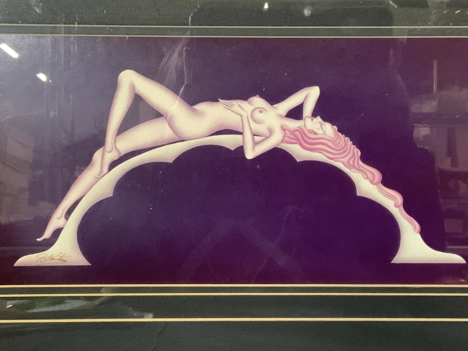 Kaitz Signed Art Deco Female Nude Decograph: Gustave Kaitz Signed Art Deco female nude decograph, signature to lower left section, logo to lower right corner reads ‘Kaitz’, subject an Art Deco style female nude lying atop an arch, triple mat