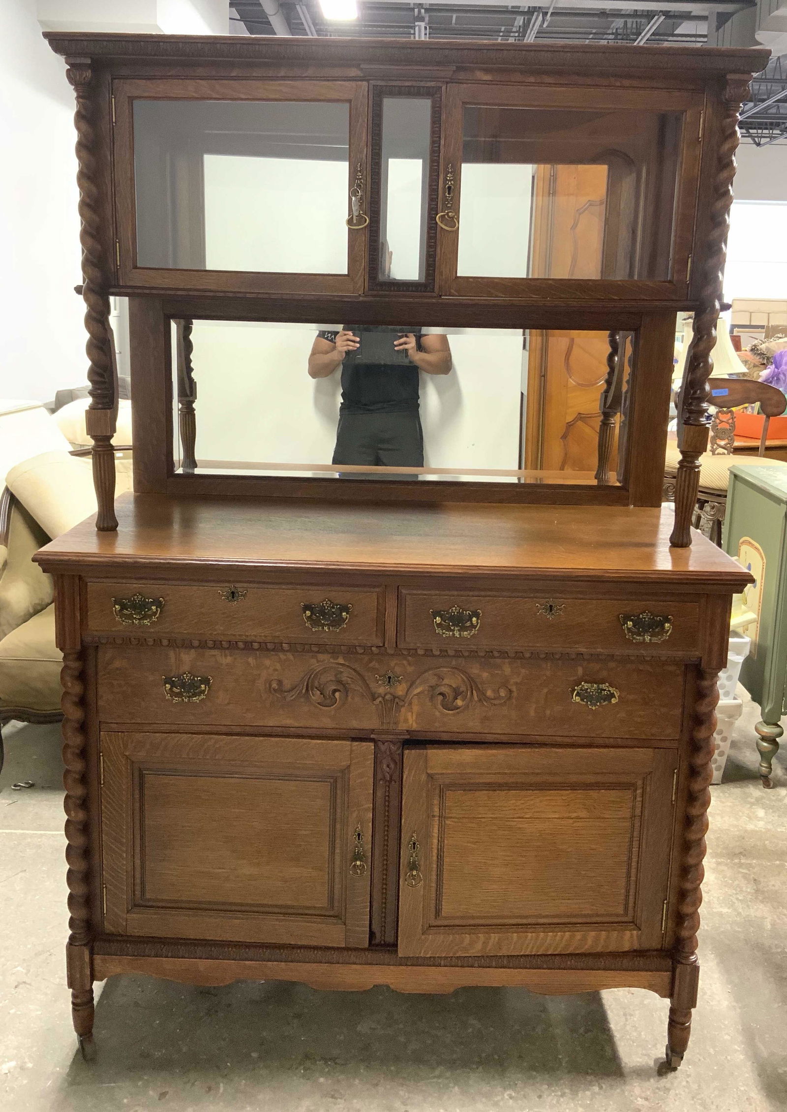Antq Carved Wooden Sideboard W Cabinet Top (1 of 16)