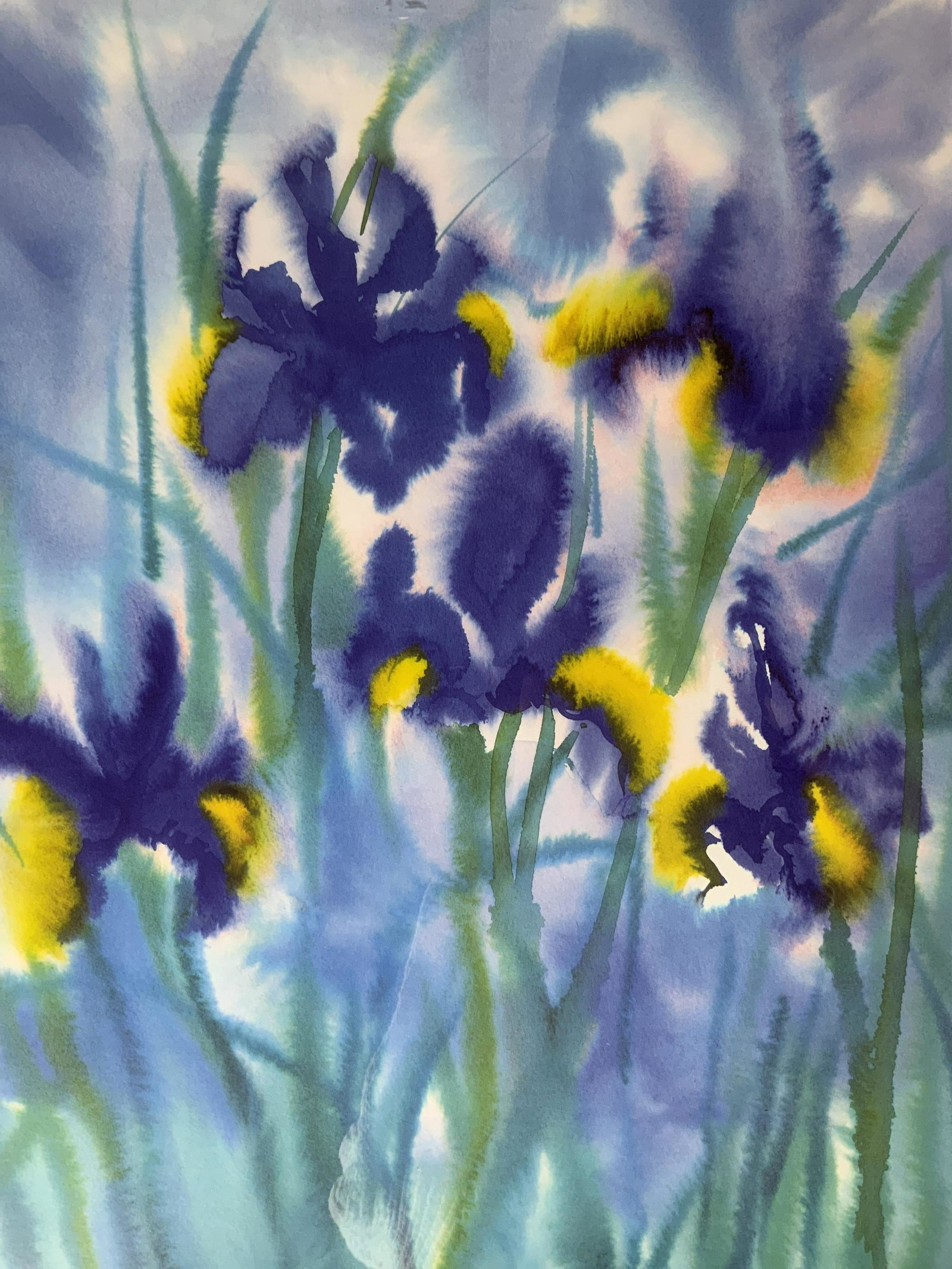 LINDA FAY POWELL Offset Lithograph: LINDA FAY POWELL Offset Lithograph, inscription to lower right reads ‘Linda Fay Powell’, subject blooming irises, measures 29 x 23 inches, silver painted wooden frame, surface wear to frame, profe