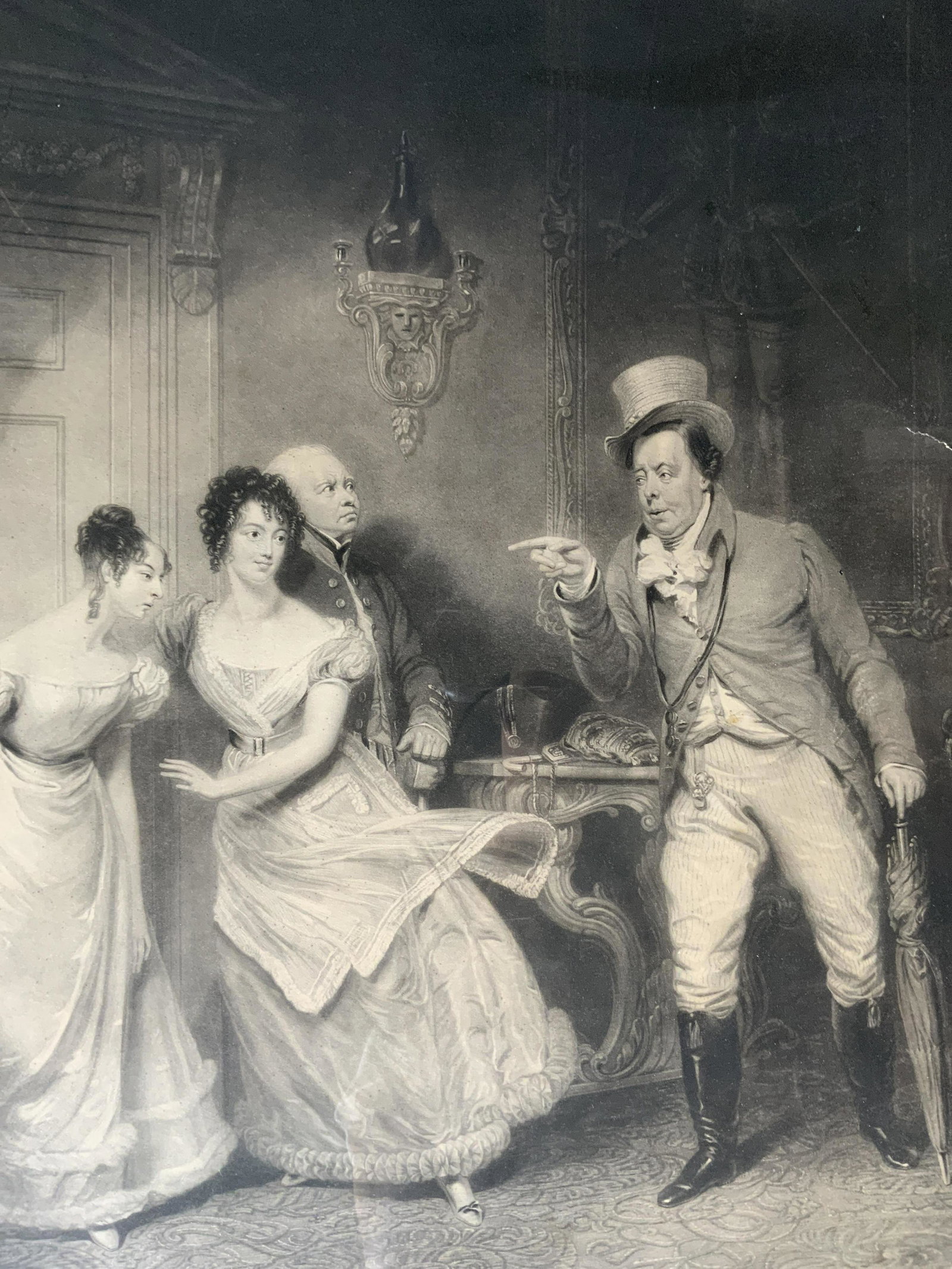 THOMAS LUPTON Paul Pry Engraving Artwork: French lithograph of jewelry, text in French to the lower border, subject an ornate diamond necklace with pink ribbon connecting the different parts, double matting in grey with printed on border line