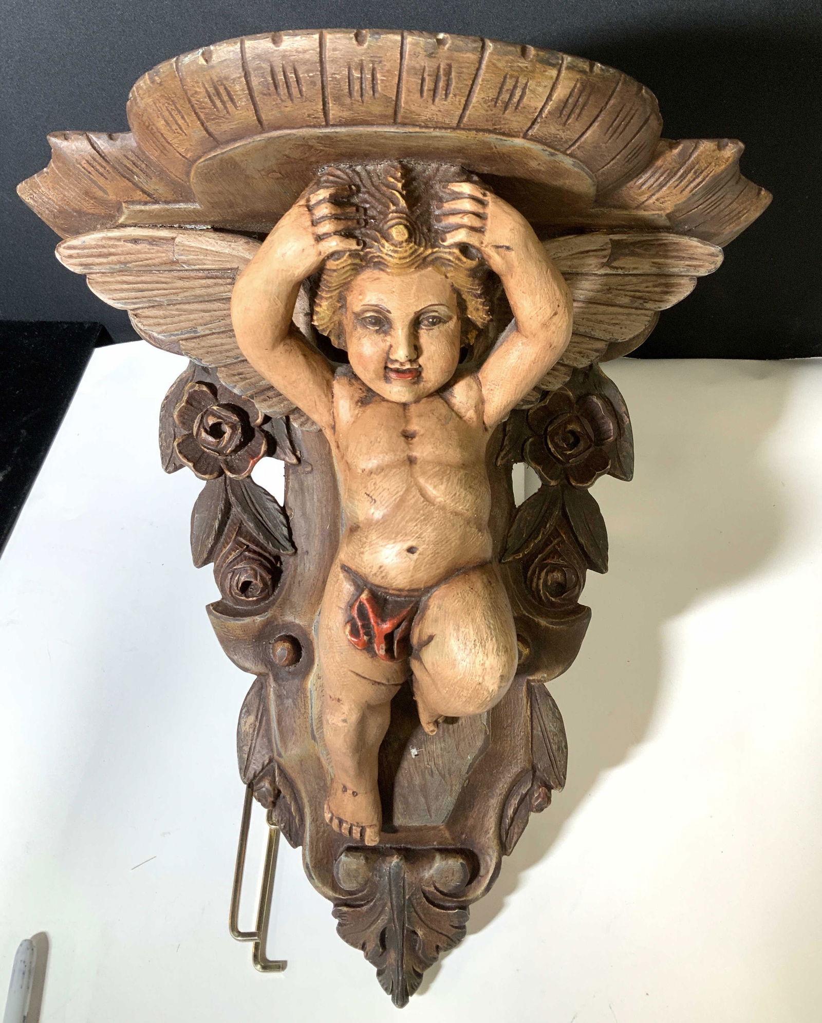 Carved Wood Sconce Shelf, Cupid with Wings (1 of 9)