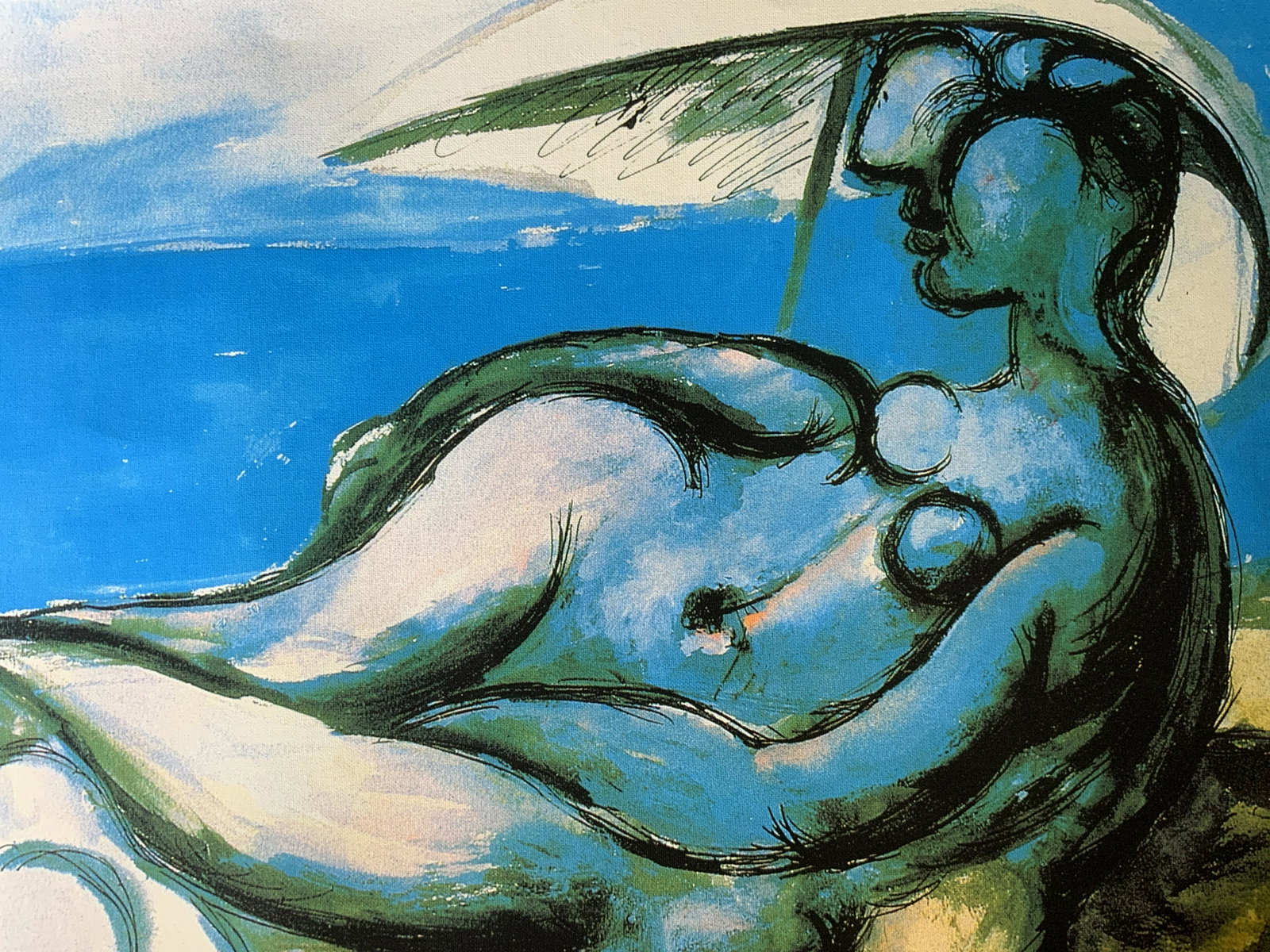PABLO PICASSO Reclining Female Nude Lithograph: PABLO PICASSO Reclining Female Nude Lithograph on canvas, inscription reads ‘Picasso’, subject a nude woman lying on the beach, measures 21 7/8 x 28 1/4 inches, some folds to piece, not framed, Pa