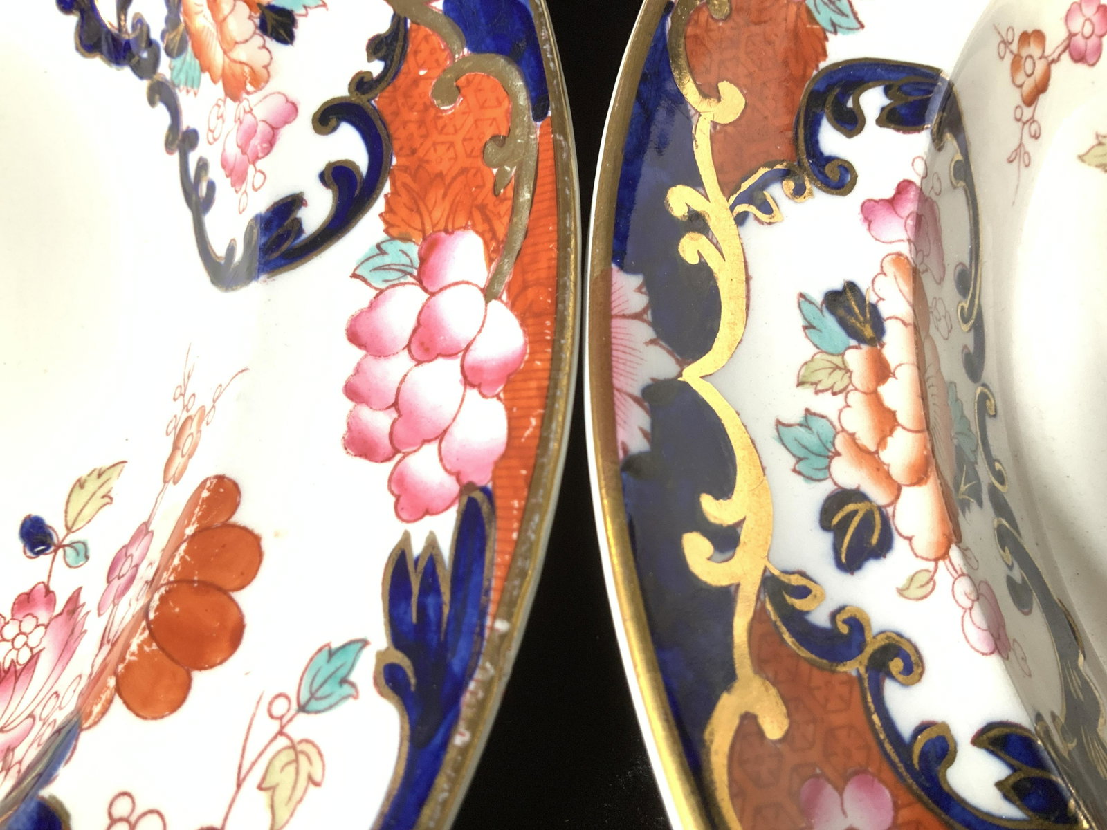 Pr Imari Blossom Hand Painted BOOTHS Bowls England: hand painted bowls, stamped with crown and read Royal Semi Porcelain New Chusan Booths England. Additionally impressed w BOOTHS & Numbered . Gilt rim and gilt outlined patterns. 10.25 in. Diameter. Si