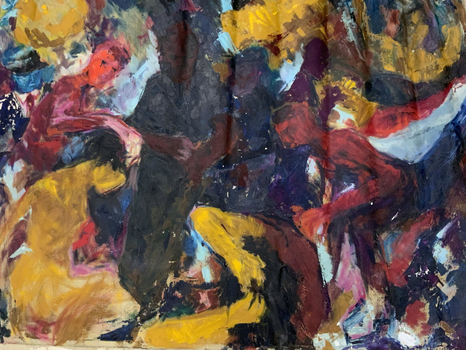 Abstract Expressionist Oil on Canvas Painting: Abstract expressionist oil on canvas painting, no apparent inscriptions or markings, subject an abstract scene with figures gathering around one single focal point, piece not matted or framed, canvas 