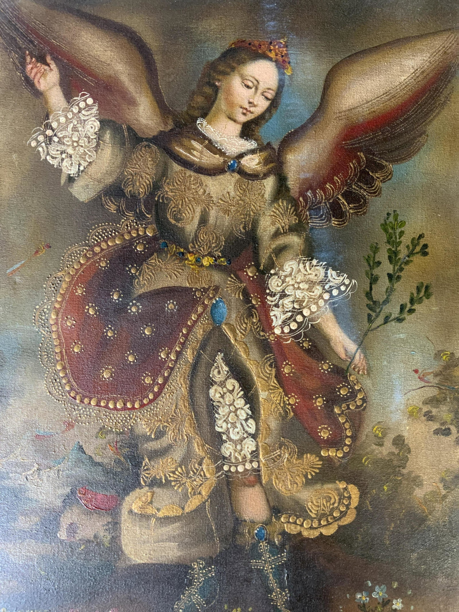 Oil Painting of Archangel Ariel: Oil Painting of Archangel Ariel, piece appears to be canvas stretched over board, inscription to lower left reads ‘Arcanguel Ariel’, subject an angel holding a sprig, measures 18 1/4 x 14 1/2 inch