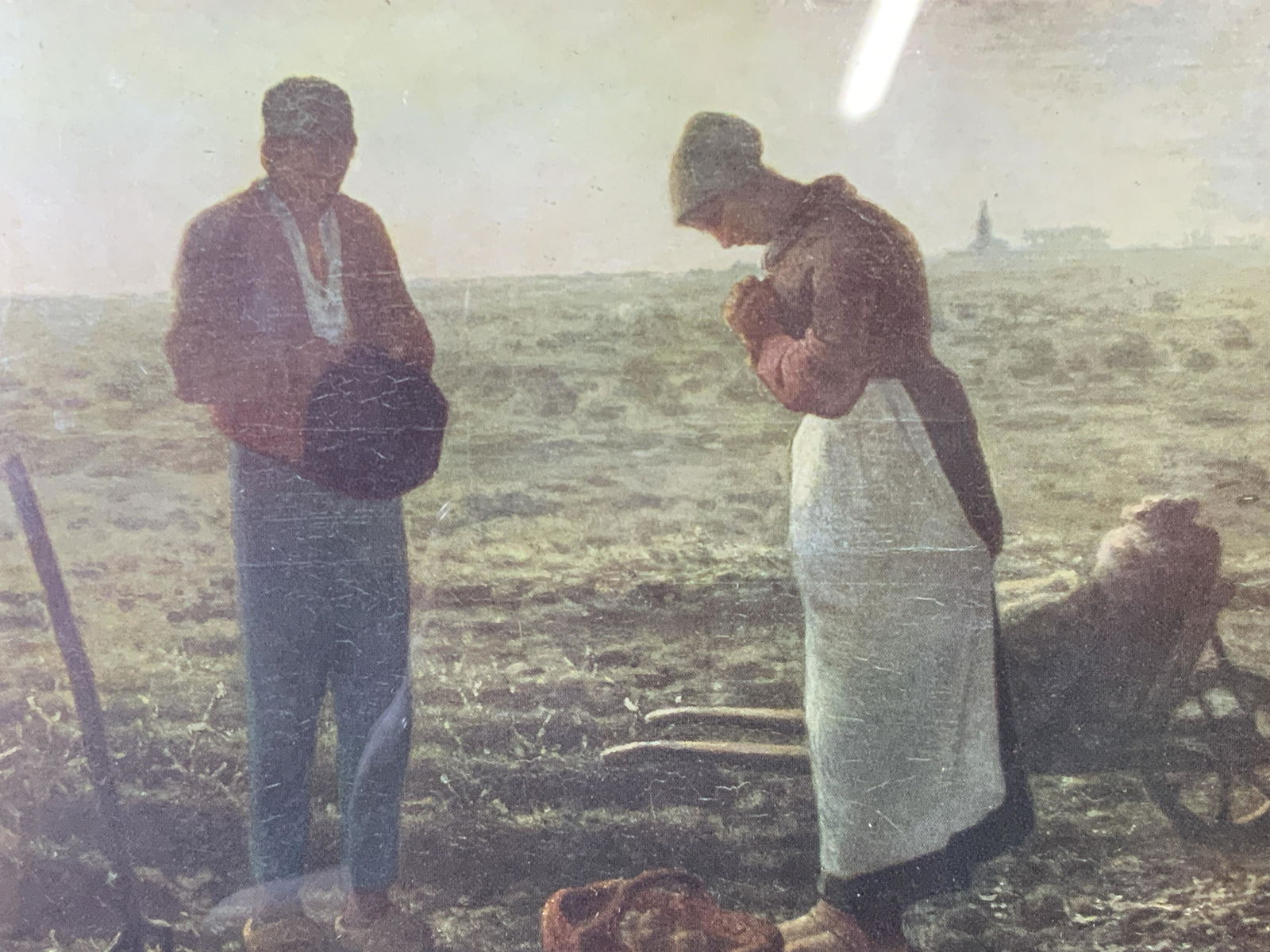 MILLET The Angelus Offset Lithograph: Millet The Angelus offset lithograph, no apparent inscriptions or markings, subject an offset lithograph of the painting The Angelus by Jean-Francois Millet, subject a man and a woman in a field, wood