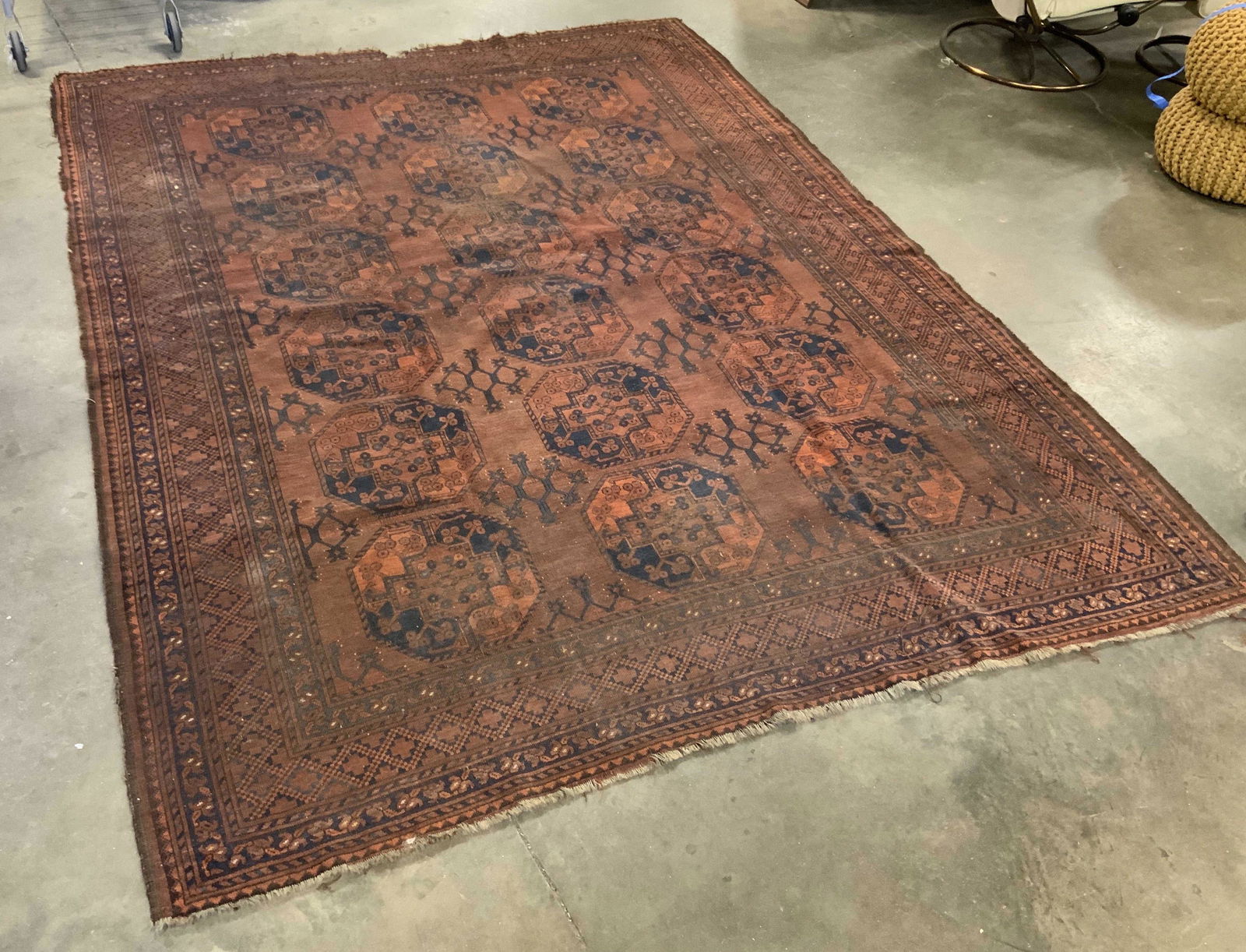 Antique Persian Wool Rug: Persian rug, appears to be antique and crafted from wool. Ends appear to have been fringed, fringes are worn. Decorated with geometric shapes and patterns. Loss, surface wear present, wear consistent