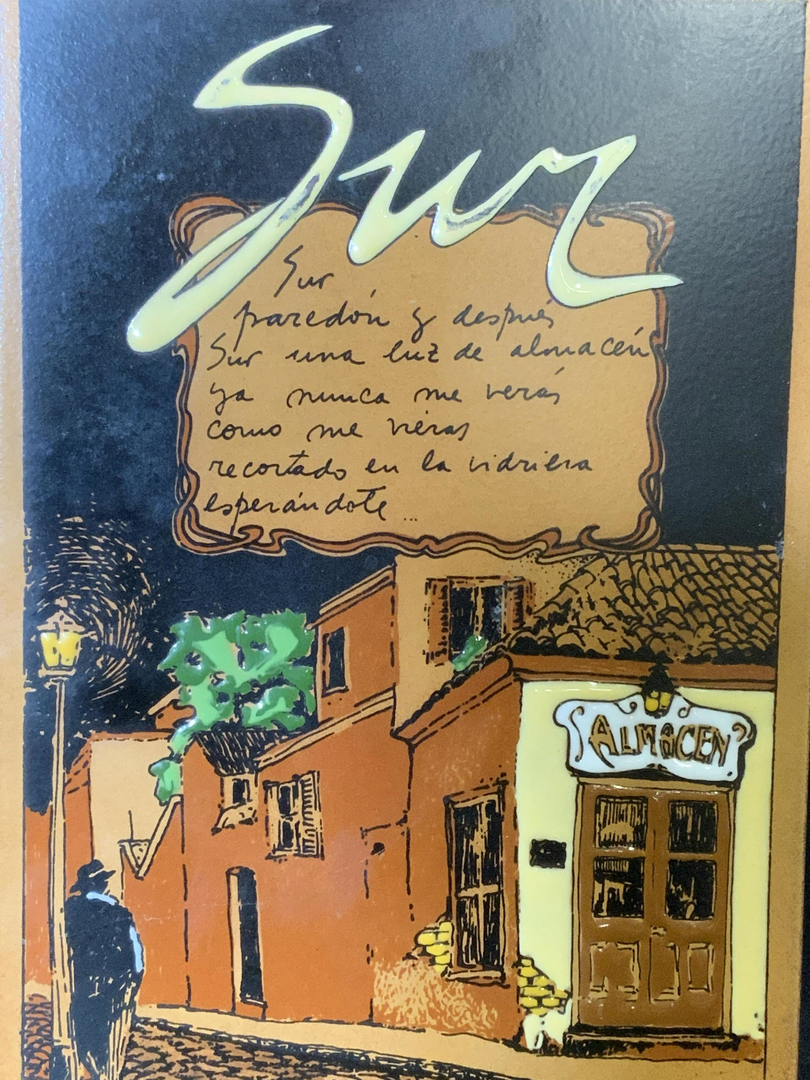 Buenos Aires Wall Tile Artwork: Buenos Aires Wall Tile, text to lower border reads ‘Buenos Aires’, text in Spanish or Portuguese to the center of the piece,Chile depicts a cafe front, text to reverse faded and illegible, not fra
