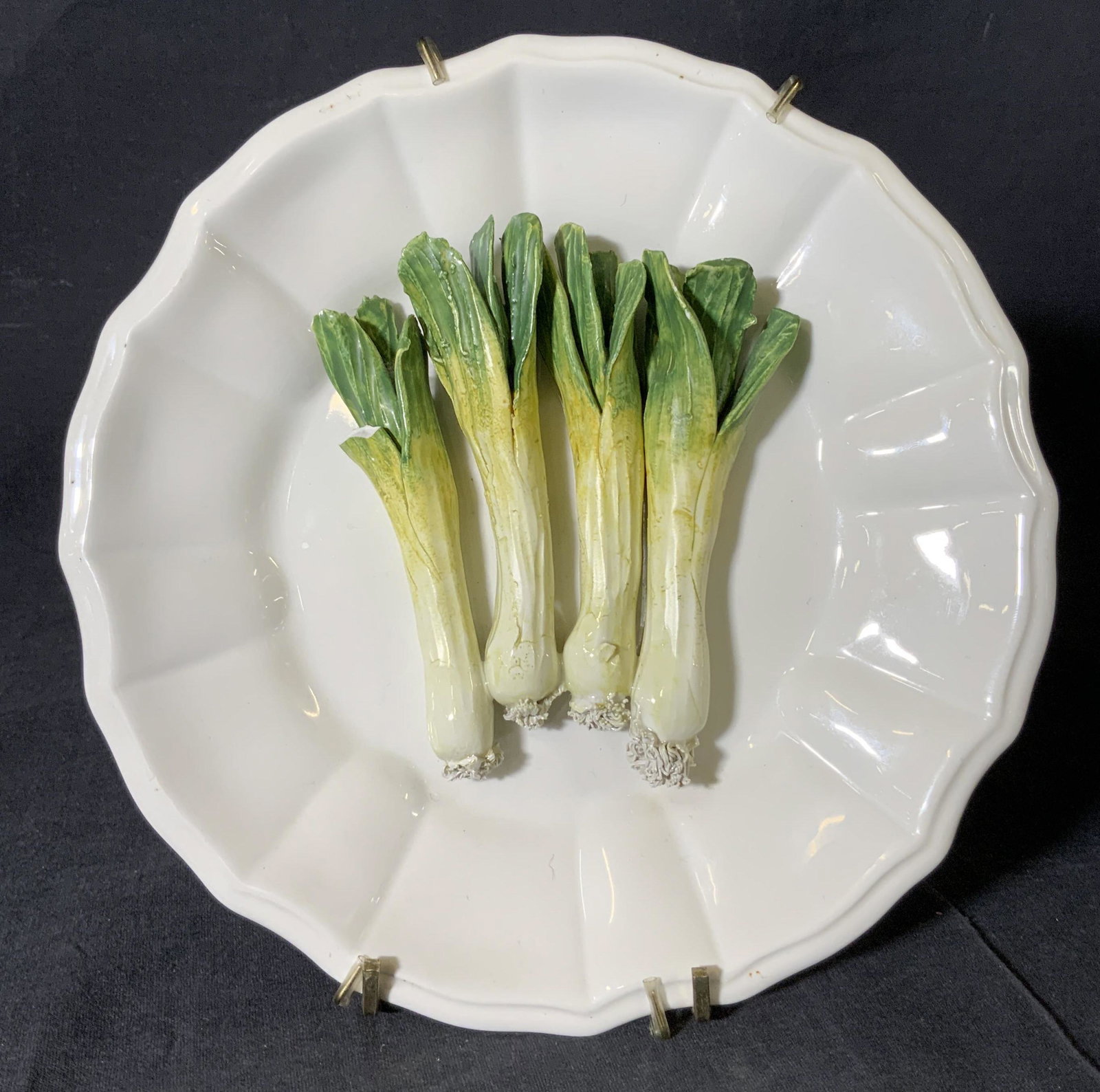 ESTE for TIFFANY & CO Trompe L?oeil Scallion Plate: ESTE for TIFFANY & CO Trompe L?oeil Scallion Plate, stamp reads ?ESTE made in Italy for Tiffany?, measures 8 1/8 inches in diameter, surface wear and chips to piece, ESTE, Tiffany and co, plate, decor