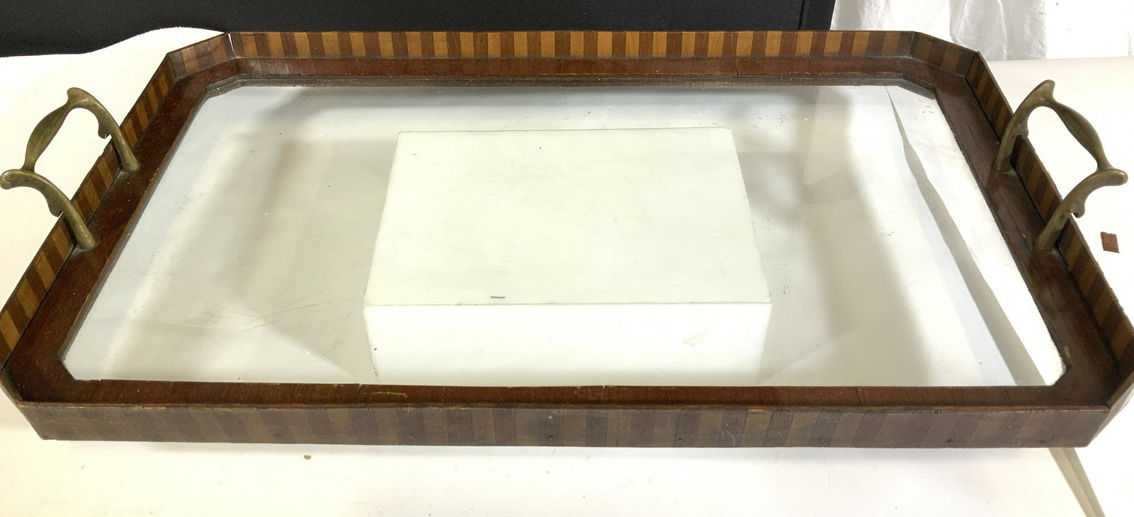 Vintage Glass and Wood Gallery Tray,Brass Handles (1 of 7)