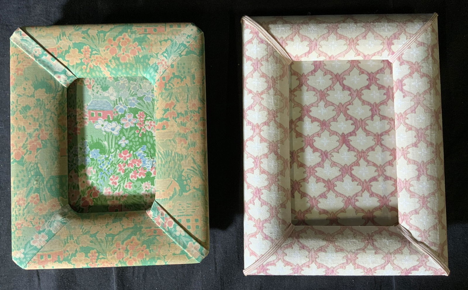 Lot 2 Fabric Covered Picture Frames: Lot 2 Fabric Covered Picture Frames, no apparent inscriptions or marks, smaller frame measures 7 1/2 x 6 inches, larger frame measures 8 5/8 x 6 1/2 inches, surface wear to frames, Picture frame, phot