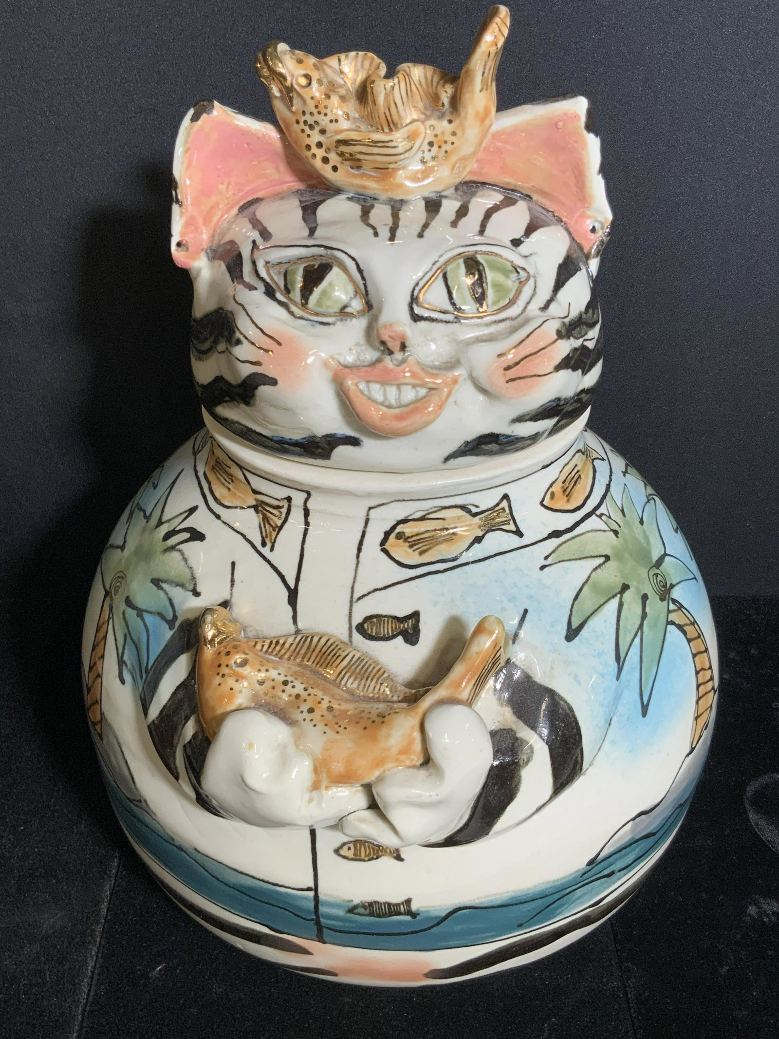 Vntg Hand Painted Ceramic Cat Folk Art Vessel (1 of 11)