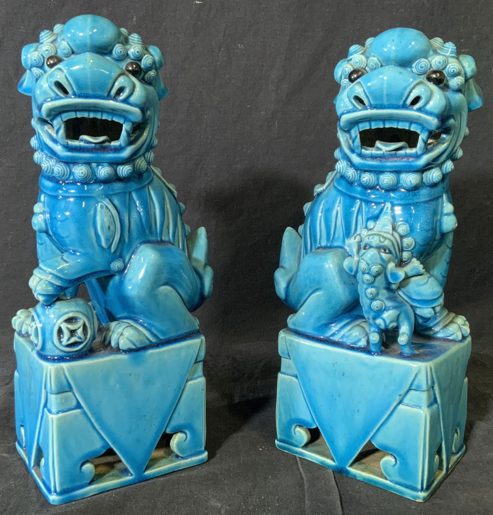 Pair Blue Foo Dog Ceramic Statues (1 of 9)