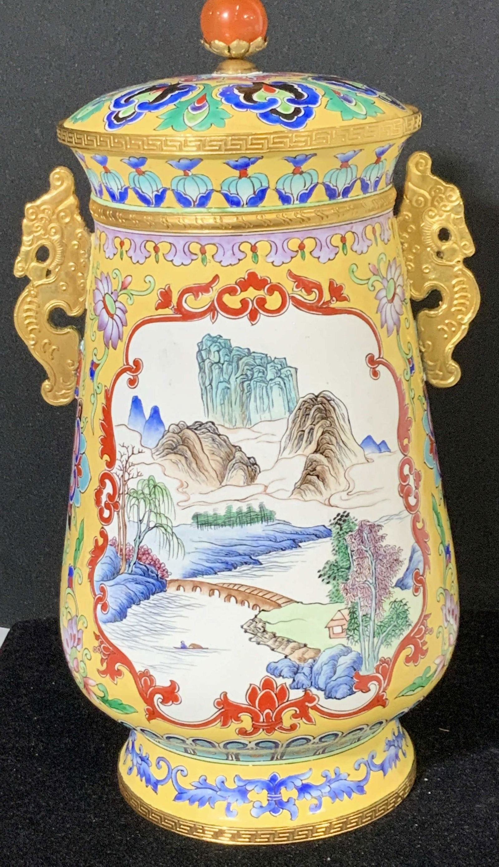 CHINESE ENAMAL VESSEL w Gilt Dragon Handles (1 of 6)