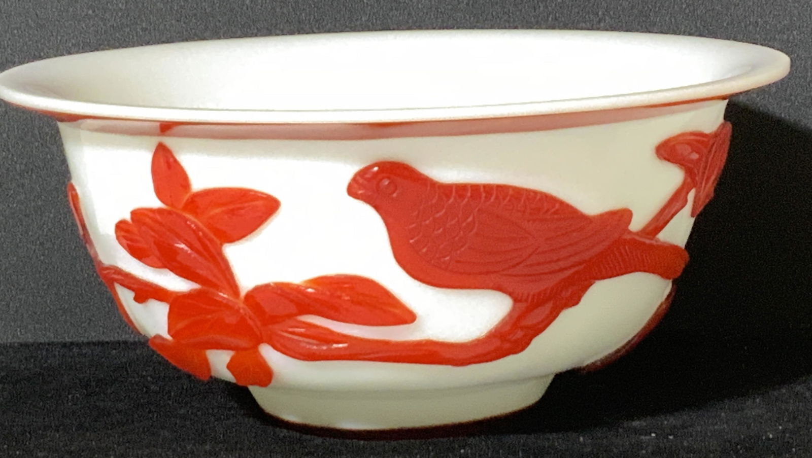 CHINESE PEKING GLASS BOWL w BIRD OVERLAY (1 of 7)