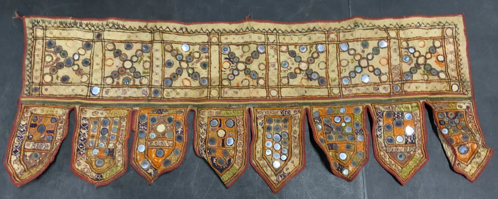 Vintage South Asian Mirrored Valence Textile: Vintage South Asian Mirrored Valence, no apparent inscriptions or marks, measures 40 x 16 1/8 inches, wear consistent with use, loose threads and missing mirrors, Vintage, south Asian decor, valence, 