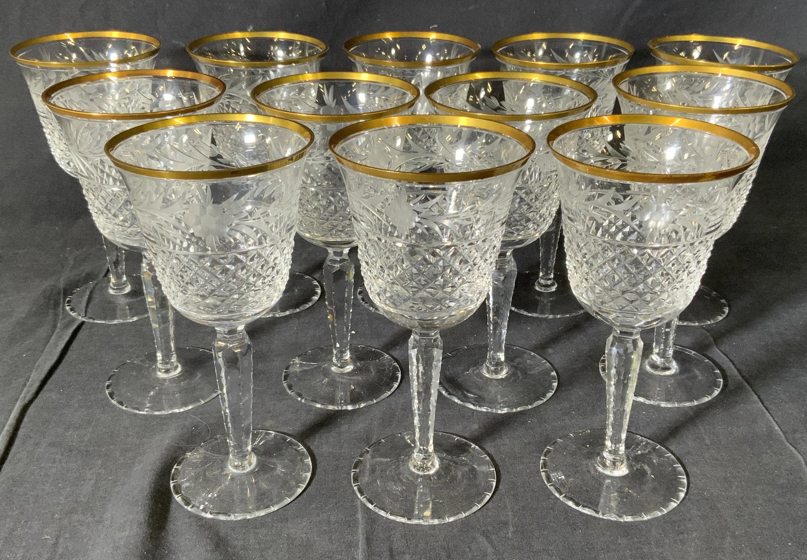 Set 12 Cut Crystal Wine Glasses: Set 12 Cut Crystal Wine Glasses, comes in carrying case, no apparent inscriptions or marks, all measure 7 3/8 inches tall x 3 3/4 inches in diameter, surface wear and chips to some pieces, Glassware, 