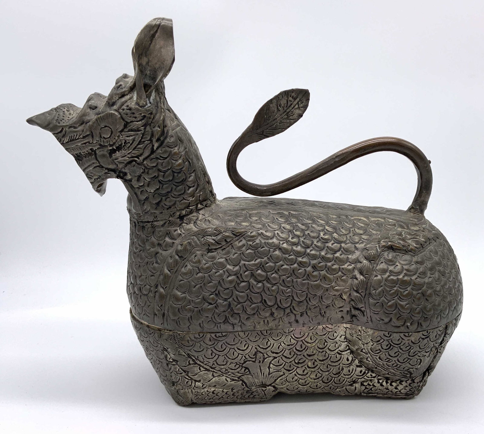 South Asian Metal Dragon Betel Nut Box: South Asian Metal Dragon Betel Nut Box, no apparent inscriptions or marks, measures 8 inches tall x 9 1/4 inches wide, surface wear and oxidation to metal, South Asian, Metal, metal box, trinket box, 