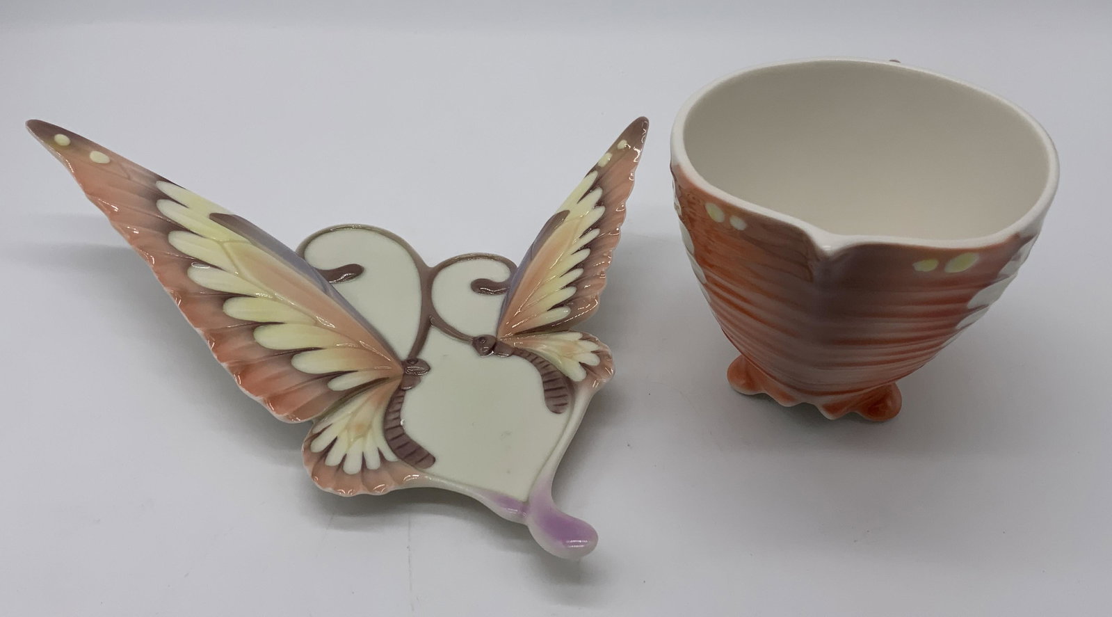 FRANZ Porcelain Butterfly Teacup & Saucer: FRANZ Porcelain Butterfly Teacup & Saucer, comes in original box, saucer measures 6 5/8 x 7 inches, teacup measures 3 inches tall x 4 3/4 inches wide, surface wear to box, FRANZ, porcelain, ceramics, 