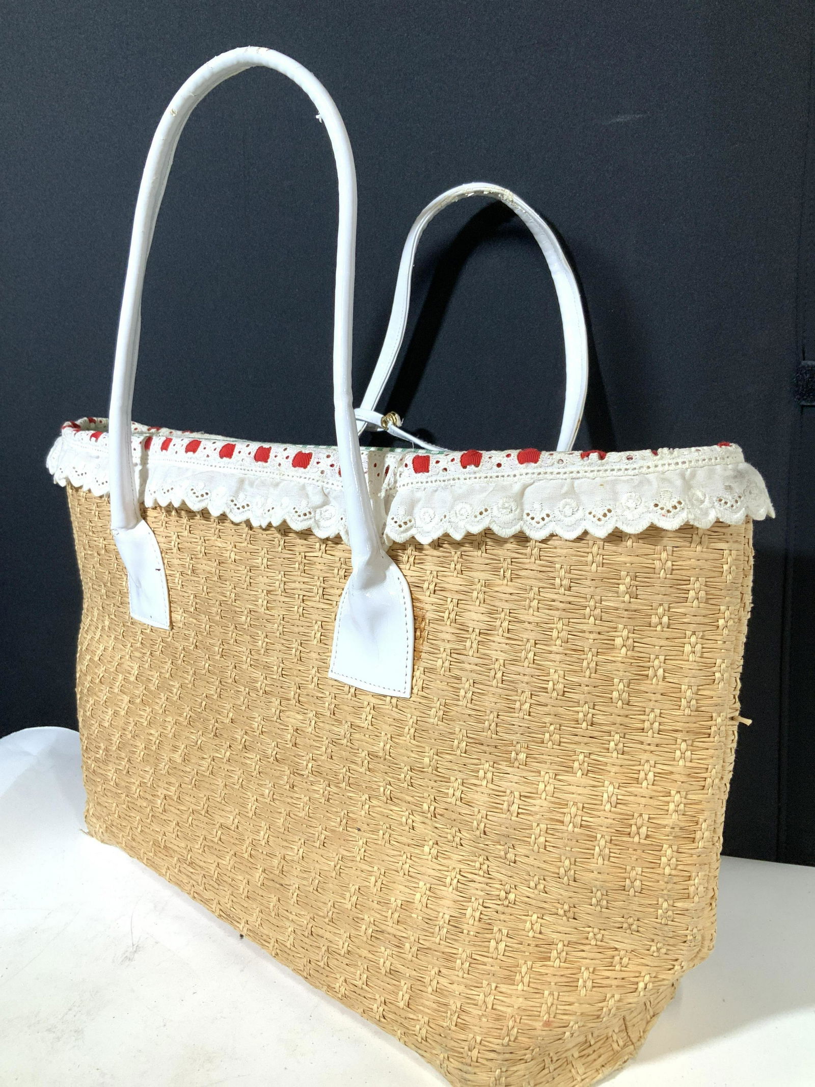 Vintage Woven Straw and Cloth Ladies Tote Bag (1 of 8)
