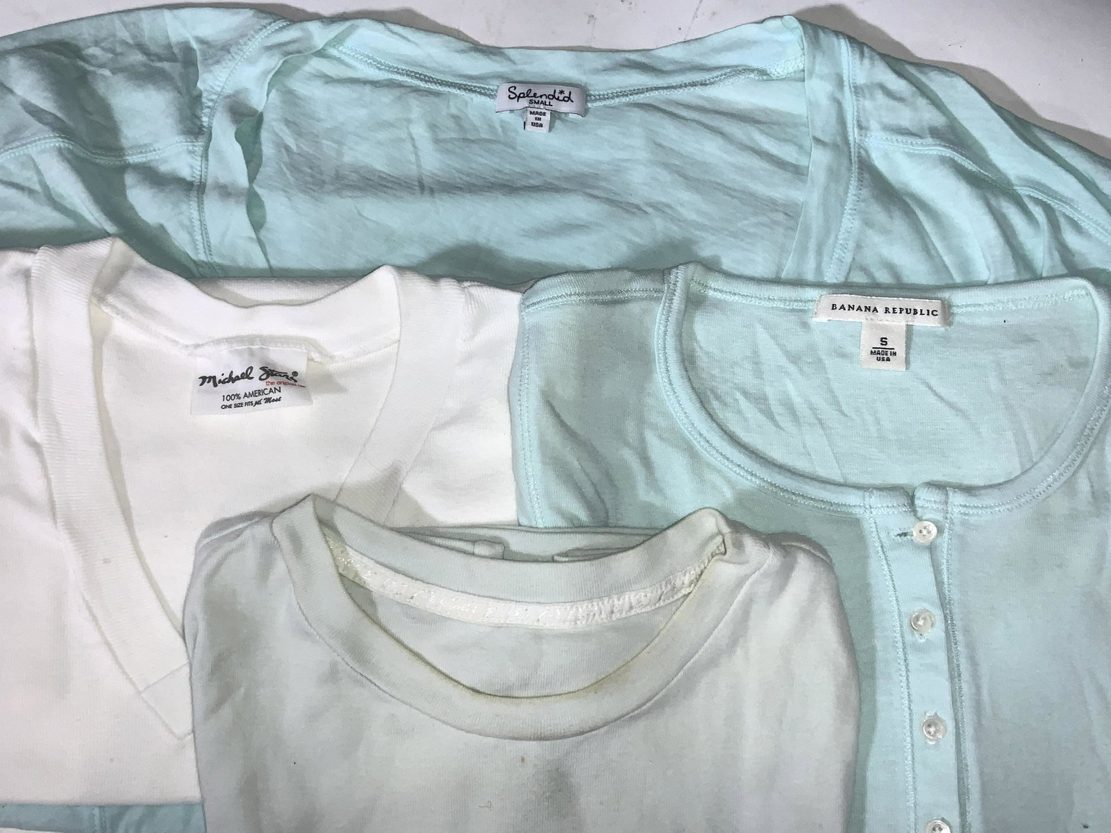 Grp 4 Ladies Tees, Michael Stars,Banana Rep, more: Labeled Designer Clothing for summer or hang around the house wear- A. Gold. E light blue cotton sleeveless tee shirt. Sz XS. Aqua blue Banana Republic Cotton and Rayon Short Sleeve Tee, sz Small. COM