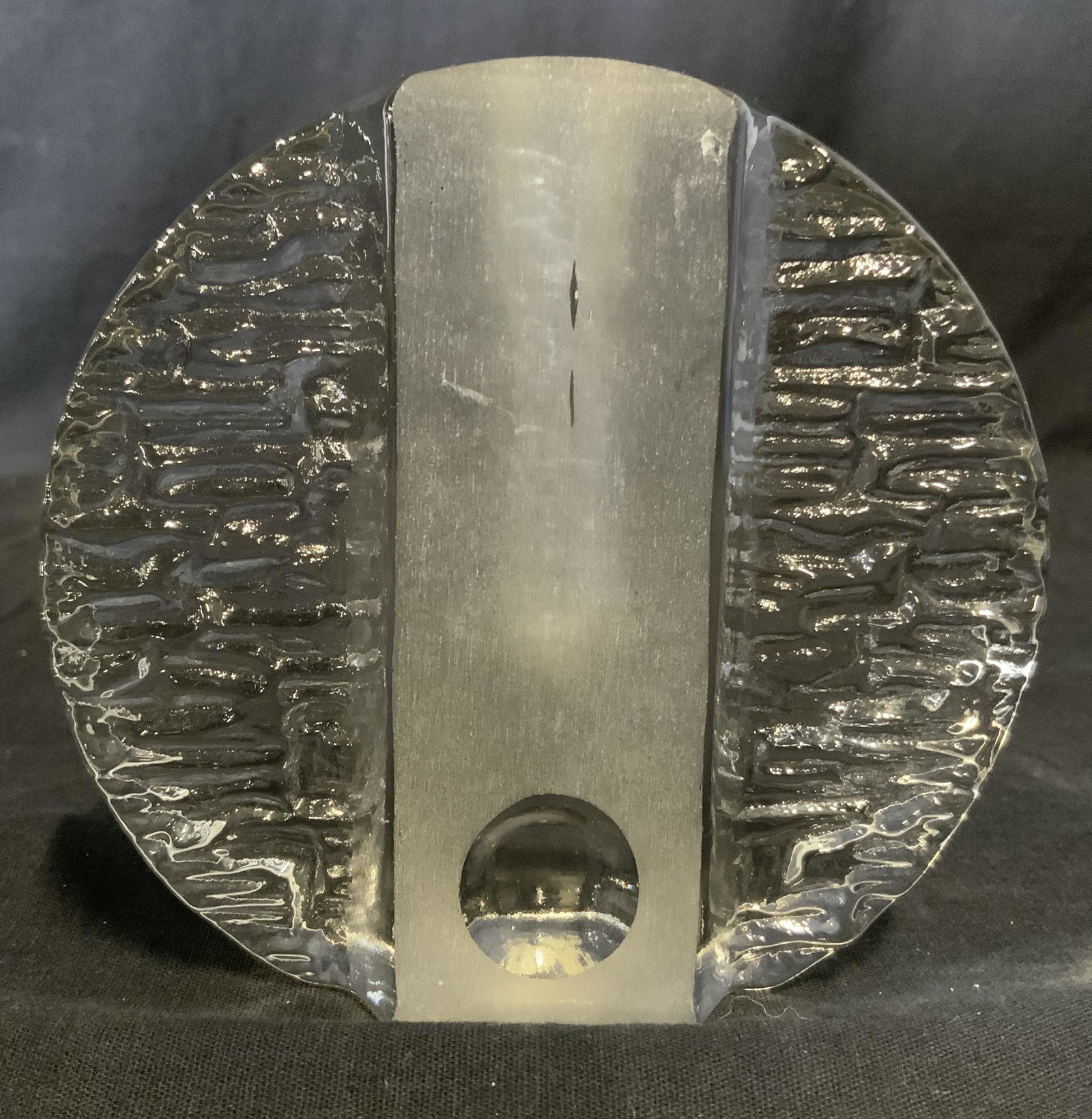 Art Glass Vase Vessel: Vase, utensil holder, pen holder. Piece has frosted surface in center. Top of piece has hole to hold 1 writing utensil. Structure has circular shape. Piece measures approx 4.5 inches diameter 1.5 inch