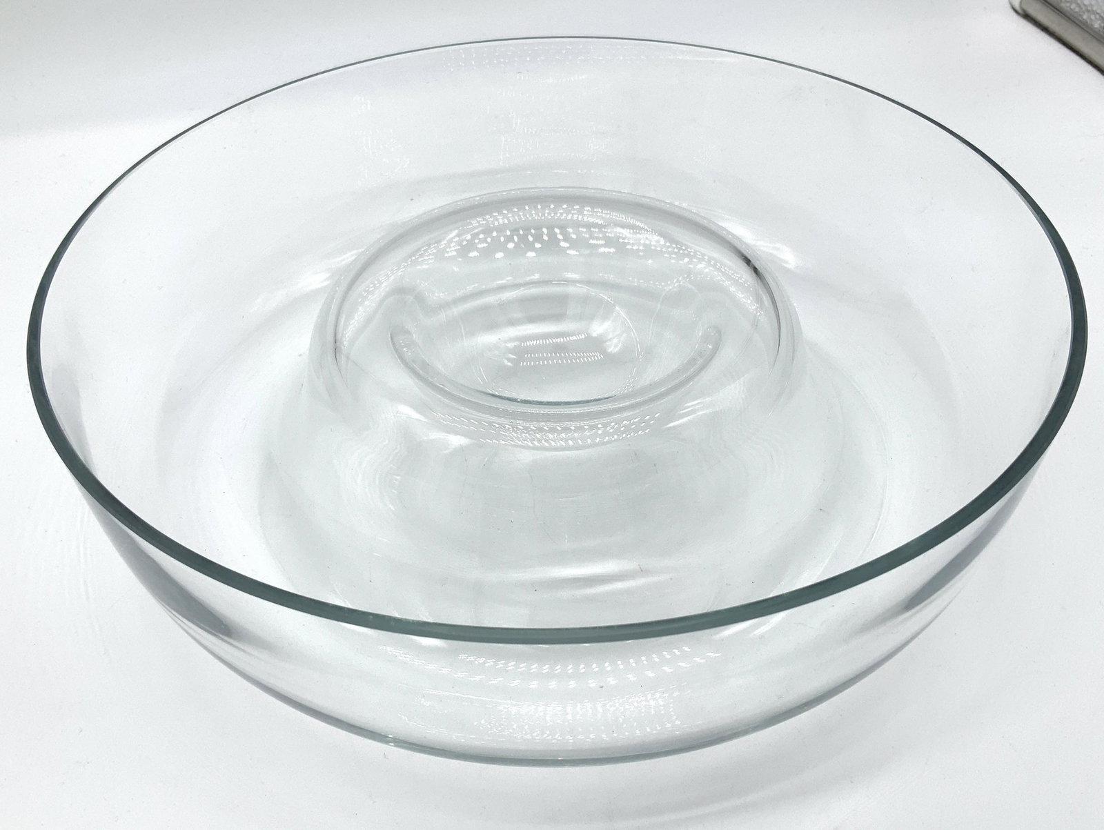 Crystal Chip and Dip Party Ware: Minimalist Crystal Party Chip and Dip Server Bowl , deep Chip area encircling center dip bowl. 3 in. Ht. , 11 in. Diameter. Crystal Bowl, Crystal Chip and Dip Bowl, Crystal Ware, Crystal Hostessware B