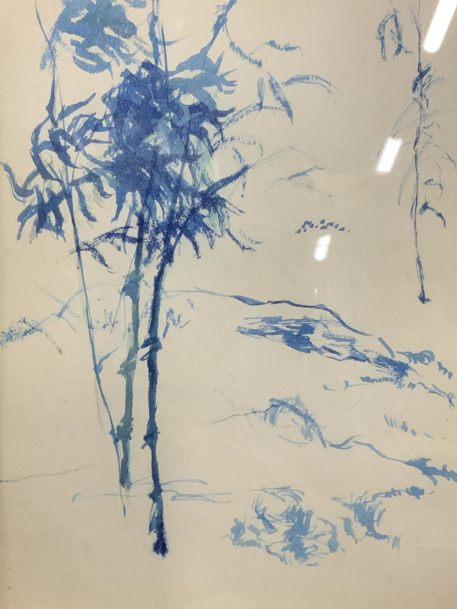 Minimalist Blue Watercolor Landscape: Minimalist blue watercolor landscape, text to double framed reverse reads ‘Such life here, quietness, such length of hours. This sovereign blueness. Bathes the leafy towers and the hearts tuned stri