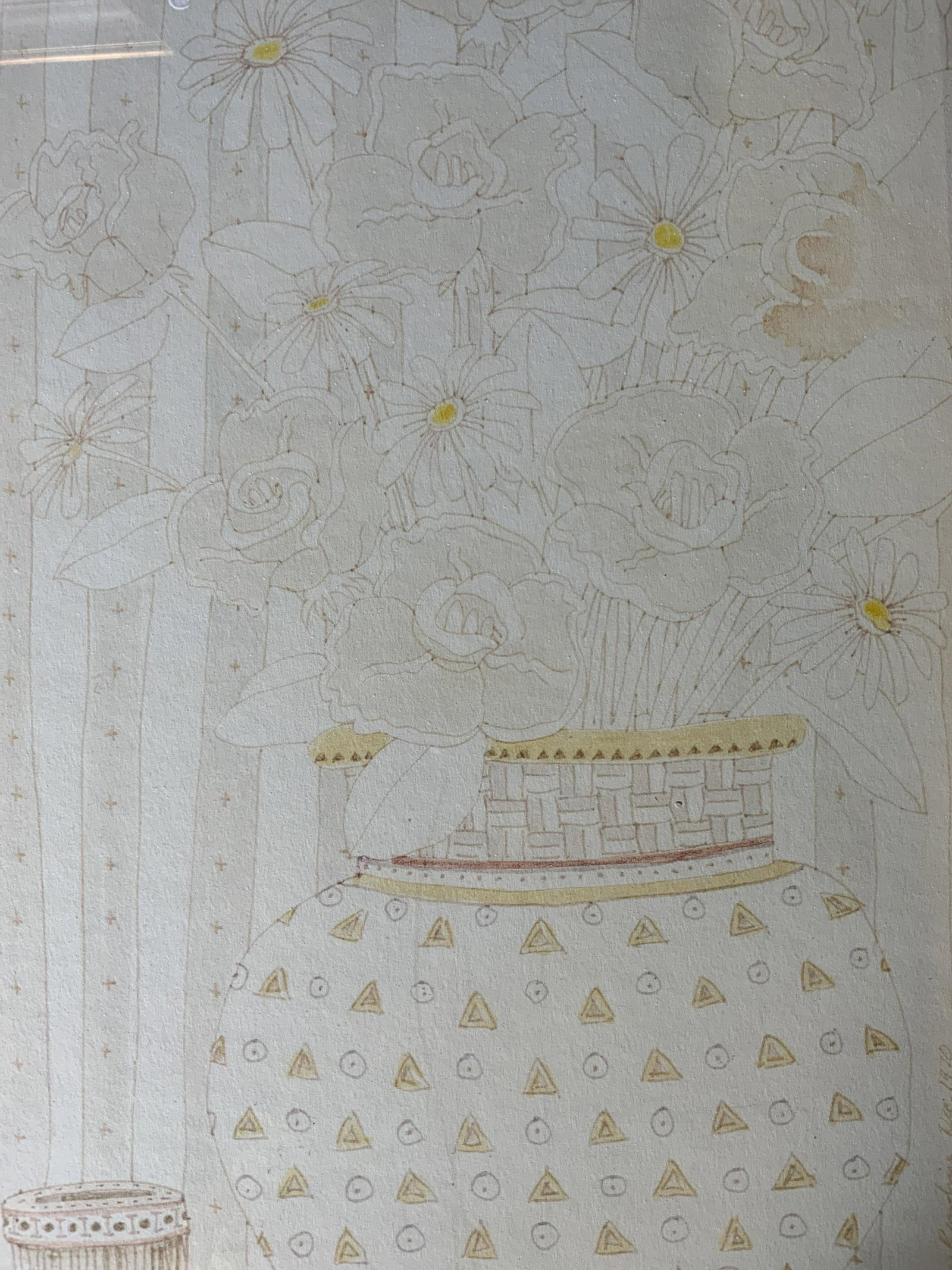 Ink Drawing of Vase of Flowers: Ink Drawing of Vase of Flowers, no apparent inscriptions or marks, not examined out of frame, label to reverse reads ‘The Red Studio’, subject a vase of flowers next to a container, measures 15 5/