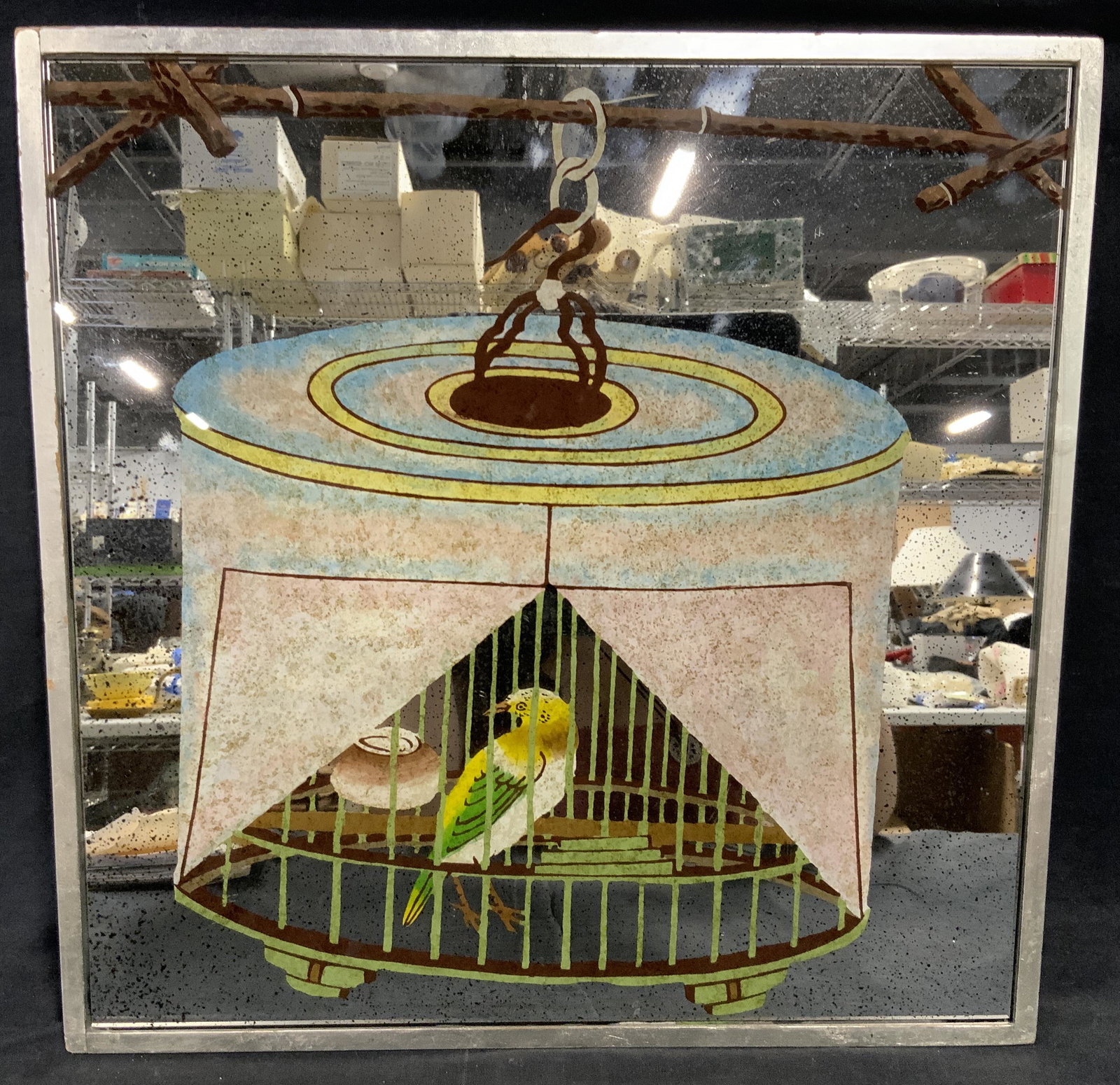 Pair Hand Painted Mirrored Birds: Pair hand painted mirrored birds, no apparent inscriptions or markings, first of the two depicts a yellow bird in a hanging cage, the second of the two depicts a colorful bird perched on a swing, both