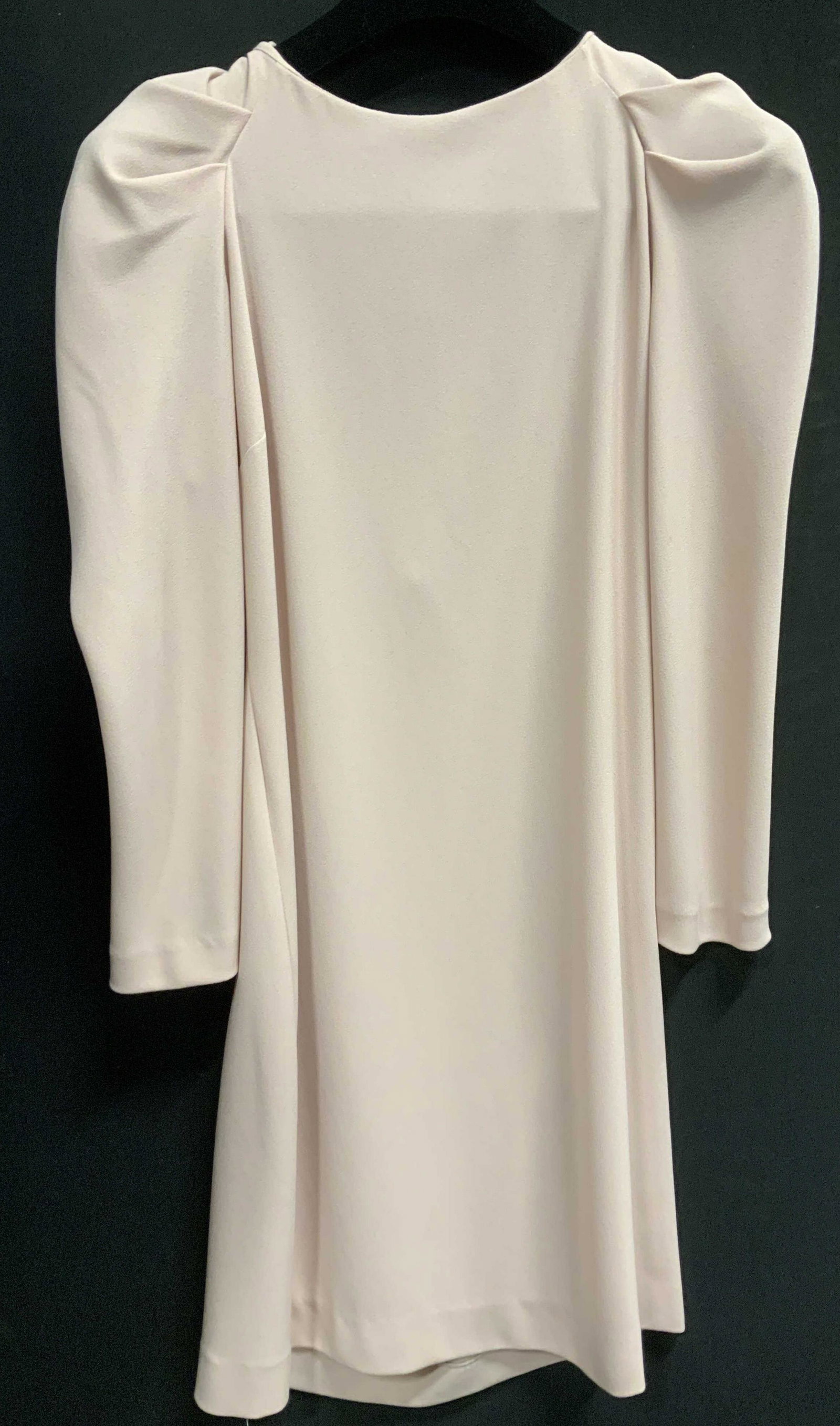 Pink ZARA Dress, Portugal: Plush pink Zara Dress, Sz small, Made in Portugal, slightly ruched shoulders, long sleeves, length 34.5 in. Backside 4 star buttons. Designer label attached. Possibly rayon or acetate fabric, not labe
