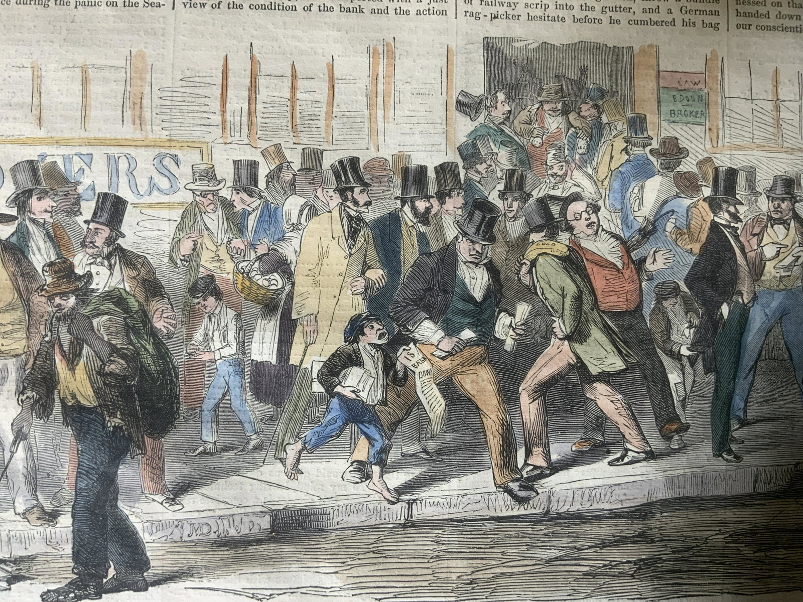 Harper’s Weekly Panic of 1857 Engraving: Harper’s Weekly Panic of 1857 Engraving, inscriptions read ‘The Run on the Seaman’s Savings’ Bank during the panic’, subject a crowd on the street, measures 12 1/2 x 15 3/4 inches, wooden fr