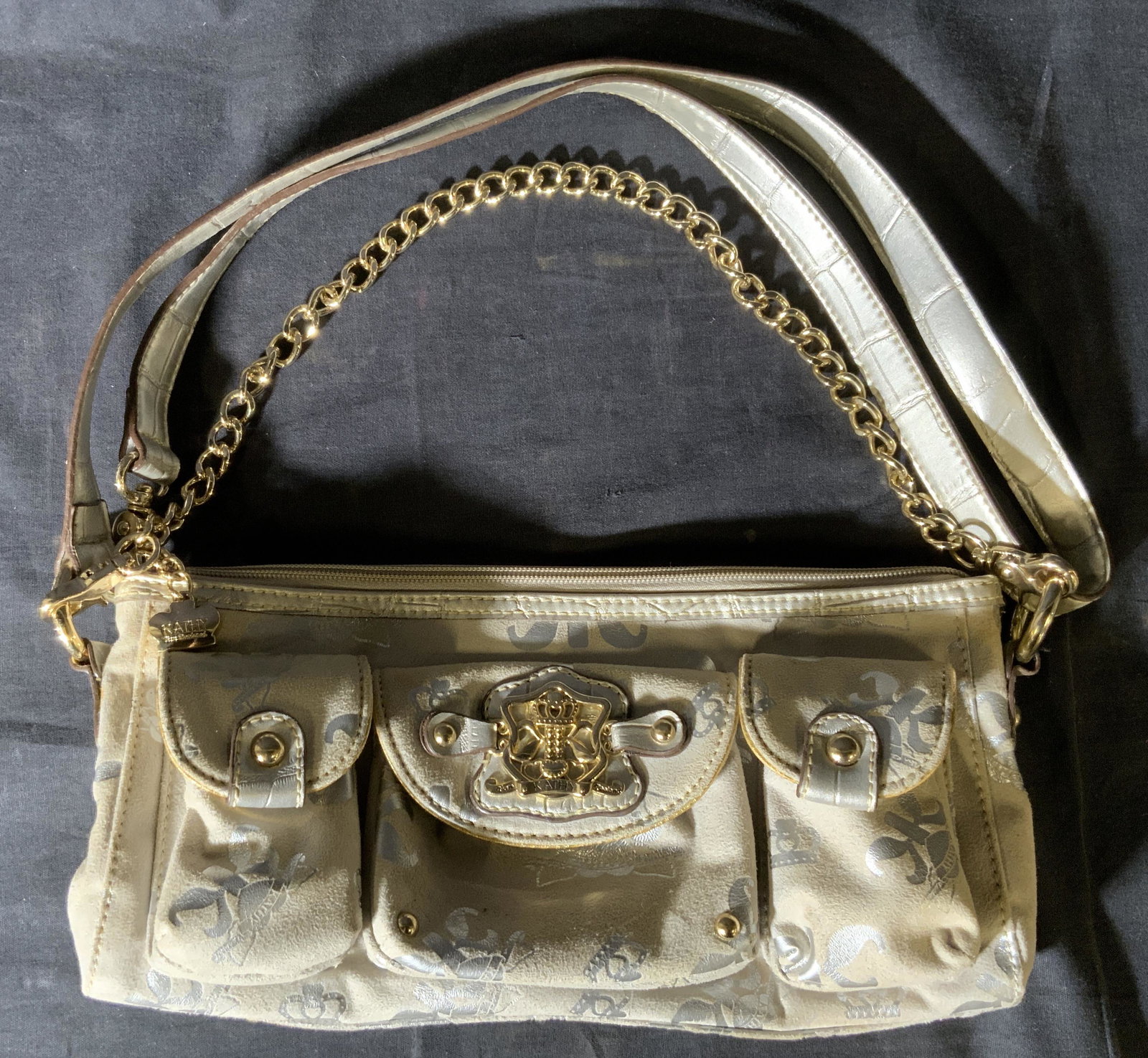 KATHY VAN ZEELAND Handbag: KATHY VAN ZEELAND Handbag, label reads ‘Kathy Van Zeeland Body: 100% polyester Trim: 100% vinyl Lining: 100% polyester’, measures 5 7/8 x 12 inches, drop measures 6 3/8 inches, surface needs clean