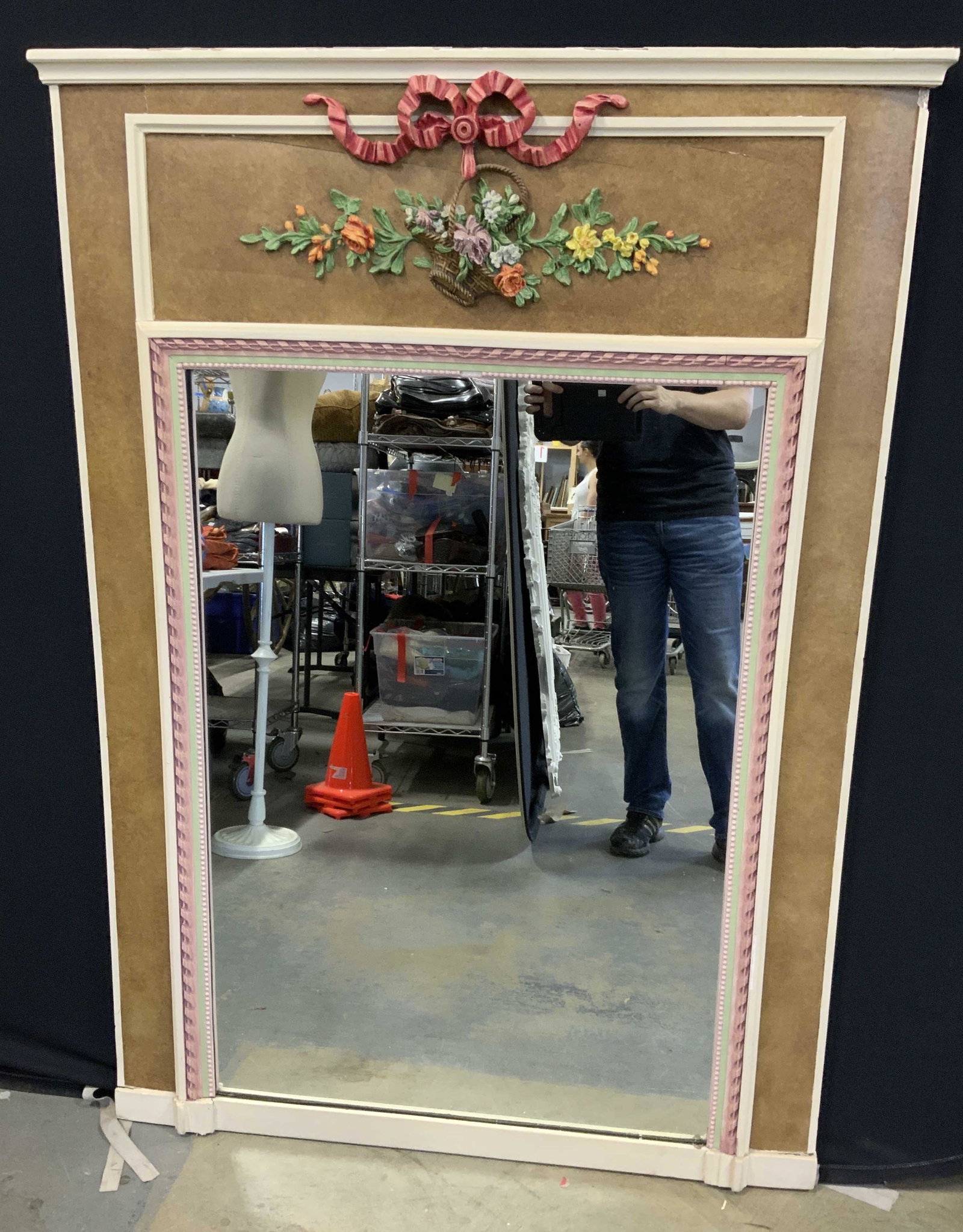 Vintage Trumeau Mirror: Vintage trumeau mirror. Decorated with cast floral bouquet detailing, crafted from wood and composite material, hand painted. Measures approx 58.5 inches H and 42.25 inches W. Wear is consistent with 